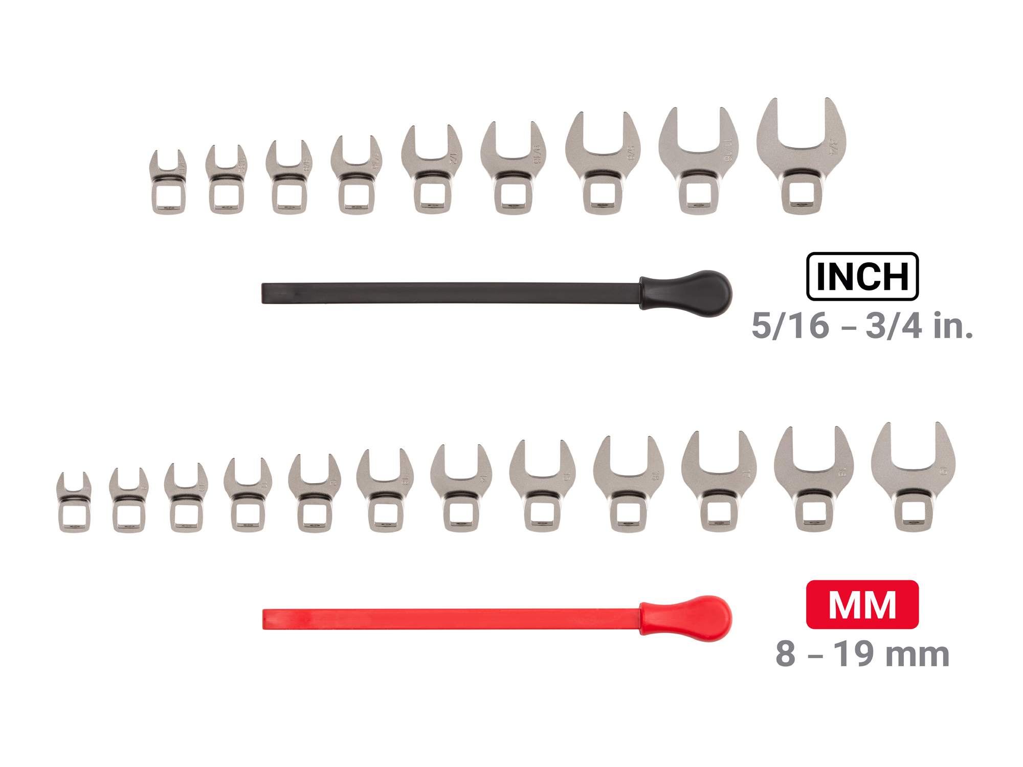 Includes: 5/16 - 3/4 in. (SAE), 8-19 mm (Metric). 3/8 inch drive crowfoot wrenches with no skipped sizes. Comes with keys. Made in USA. WCF94301.