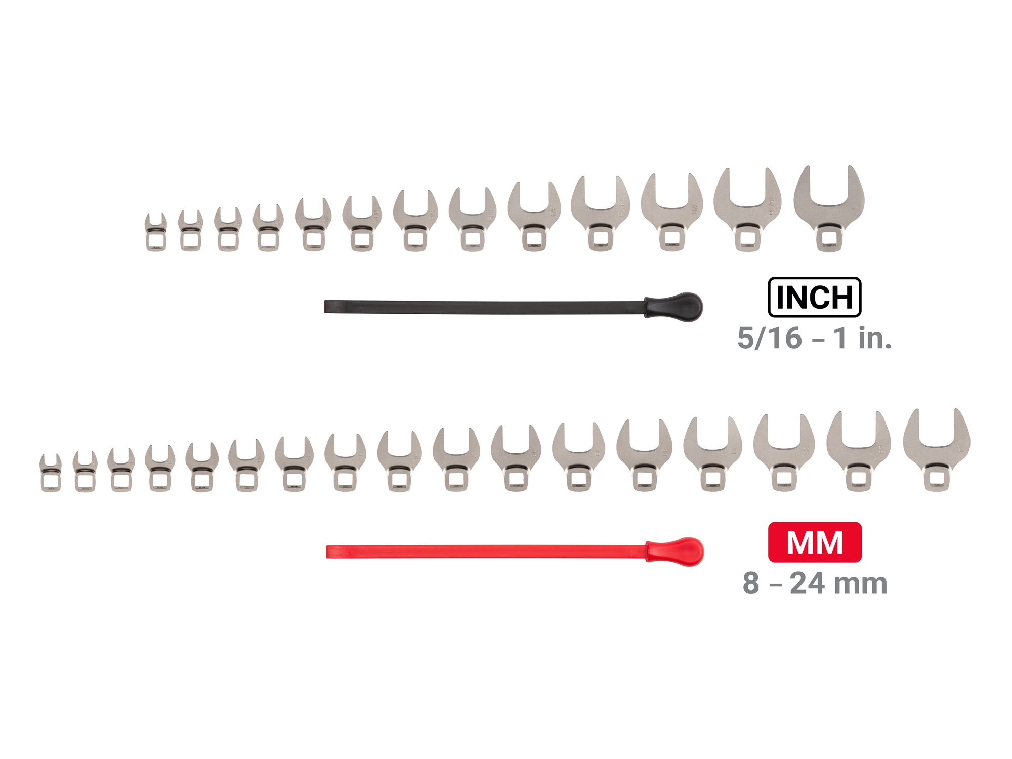 Includes: 5/16 - 1 in. (SAE), 8-24 mm (Metric). 3/8 inch drive crowfoot wrenches with no skipped sizes. Comes with keys. Made in USA. WCF94302.