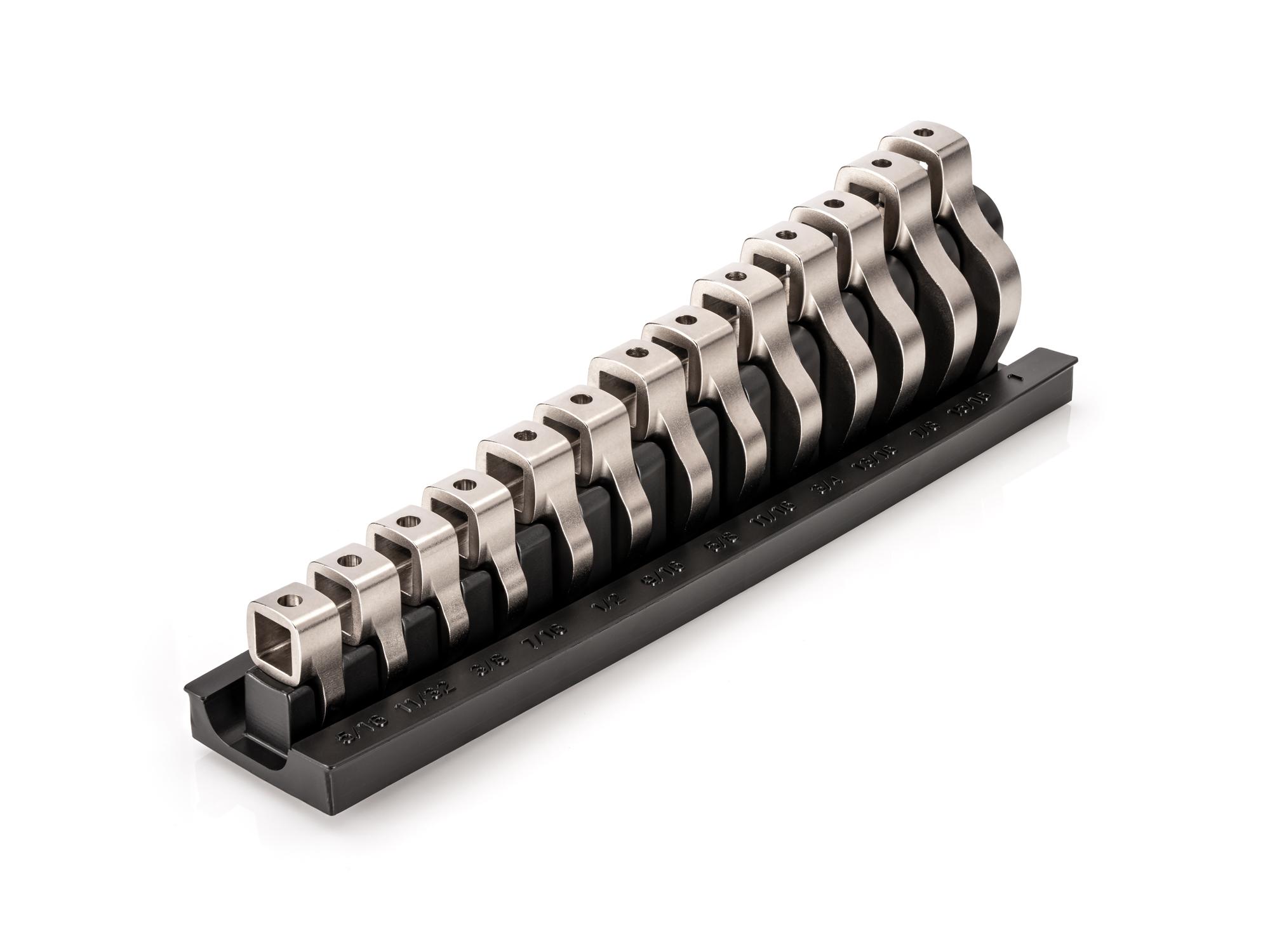 Front-right angle view of Tekton rack crowfoot wrench set. Item #WCF95101