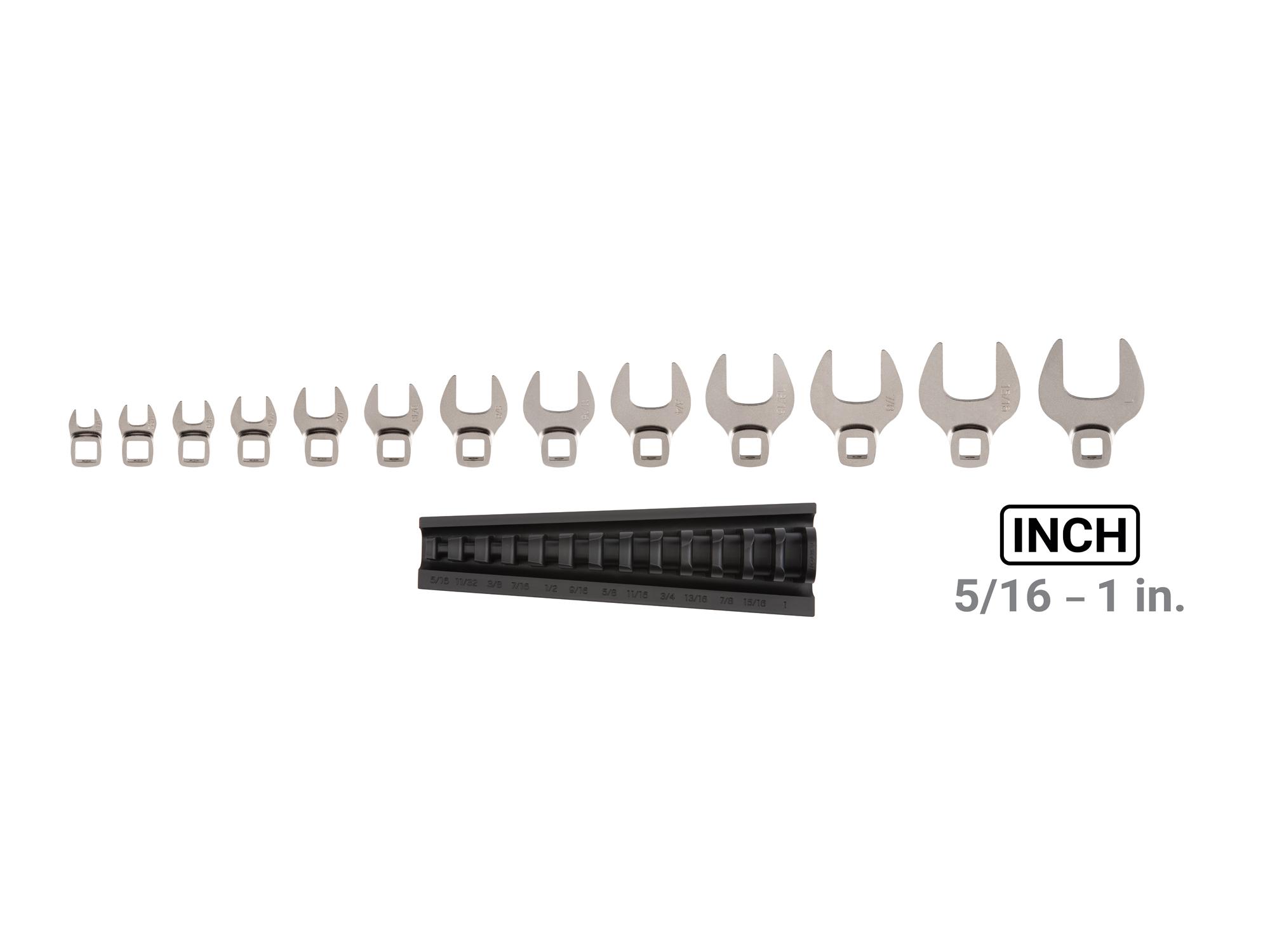 Laid out contents of Tekton rack crowfoot wrench set. Item #WCF95101