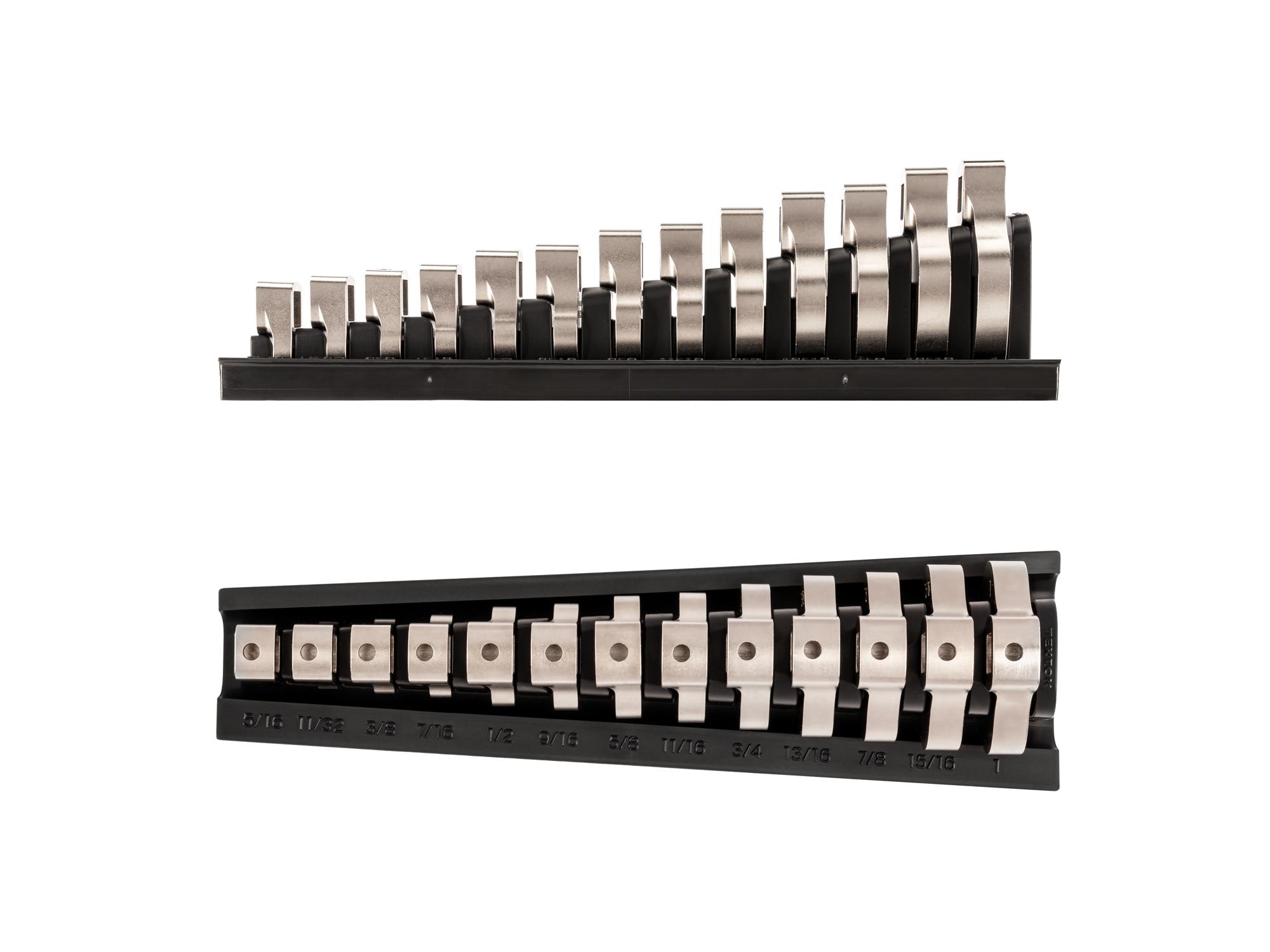 Side view of Tekton rack crowfoot wrench set. Item #WCF95101