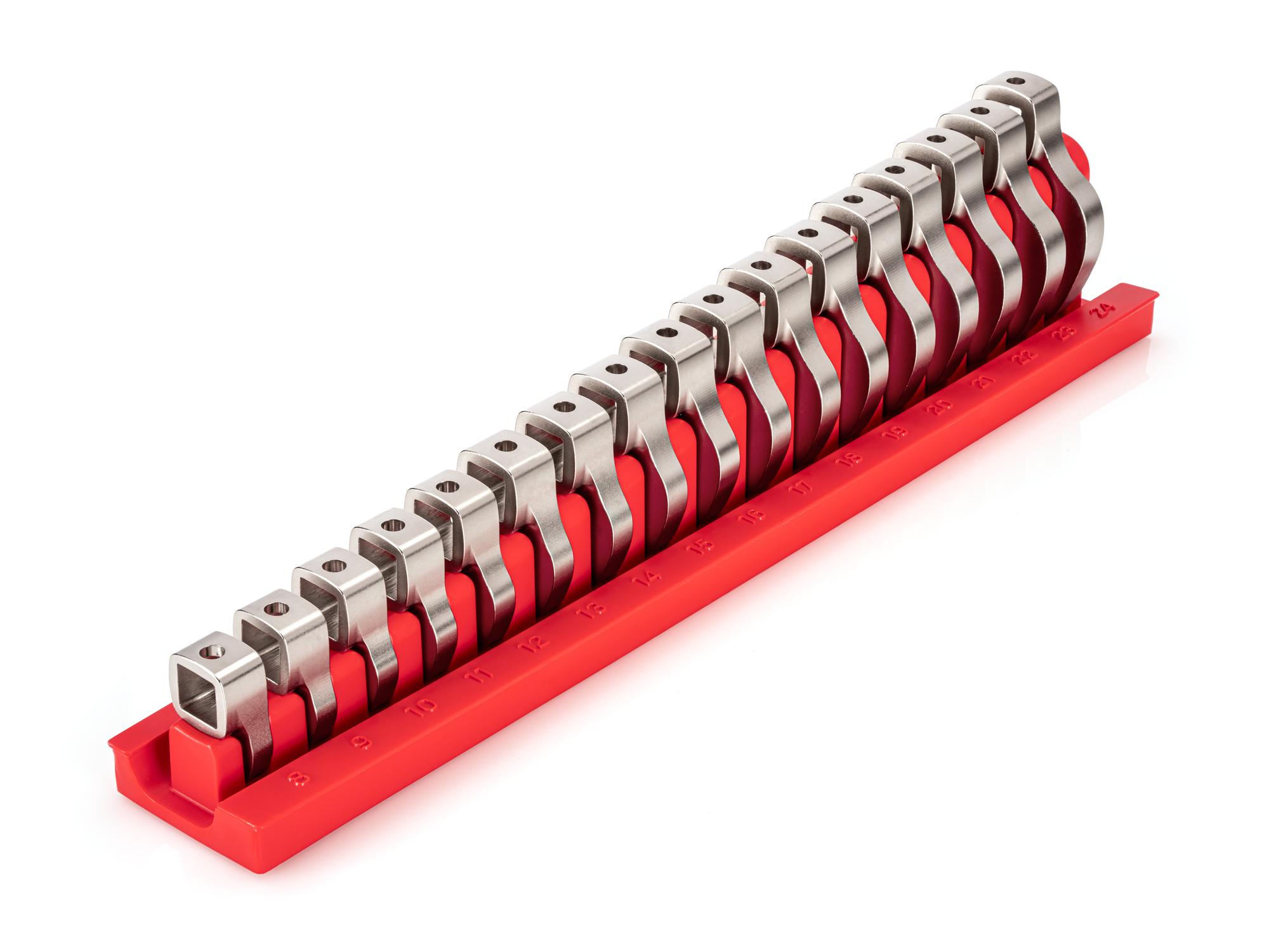 Front-right angle view of Tekton rack crowfoot wrench set. Item #WCF95201