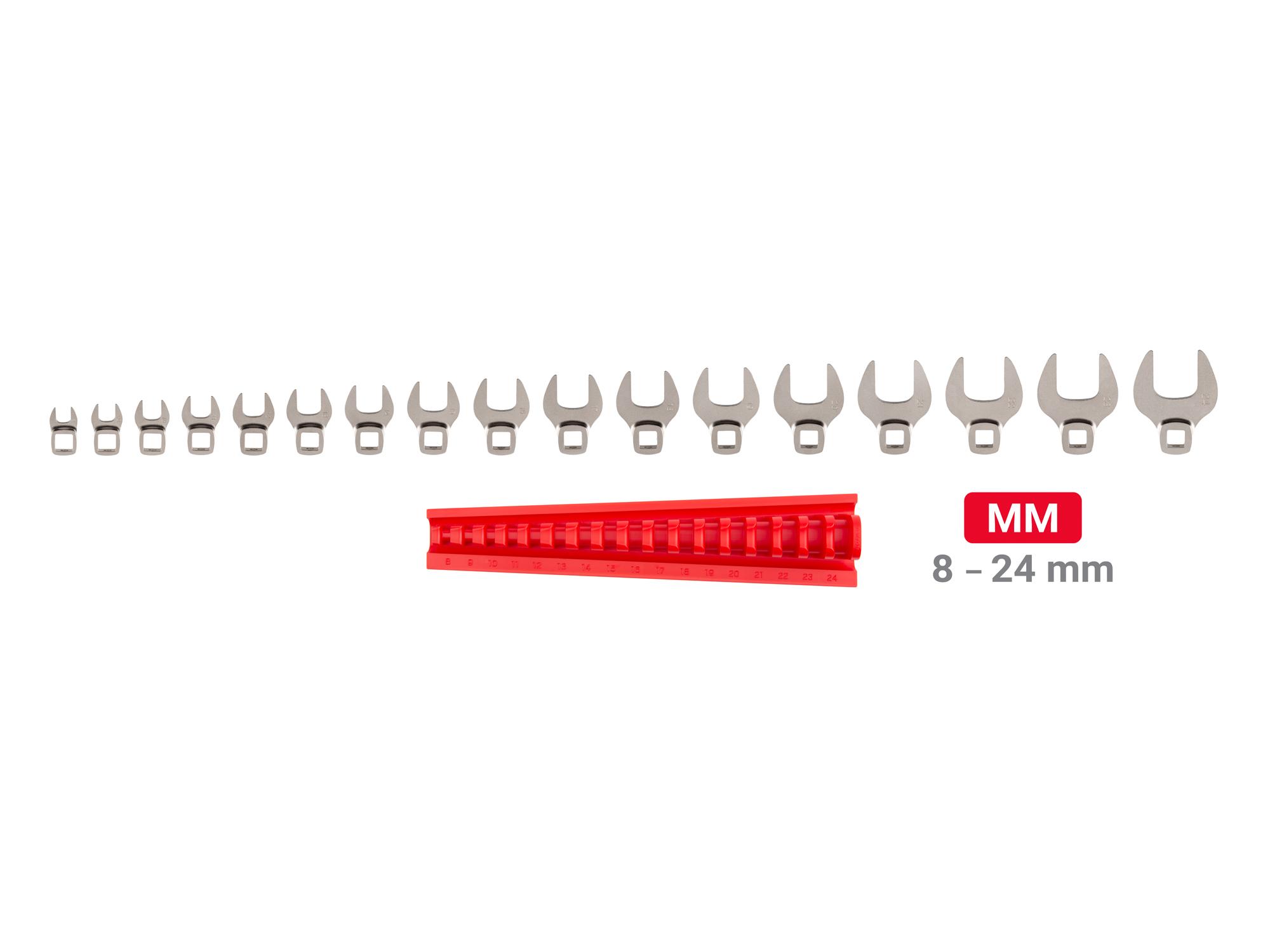 Laid out contents of Tekton rack crowfoot wrench set. Item #WCF95201