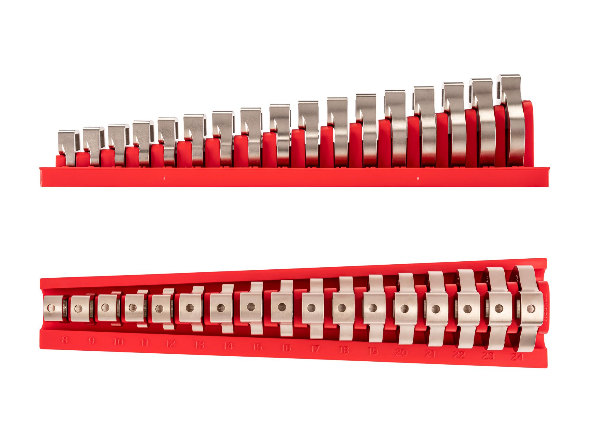 Side view of Tekton rack crowfoot wrench set. Item #WCF95201