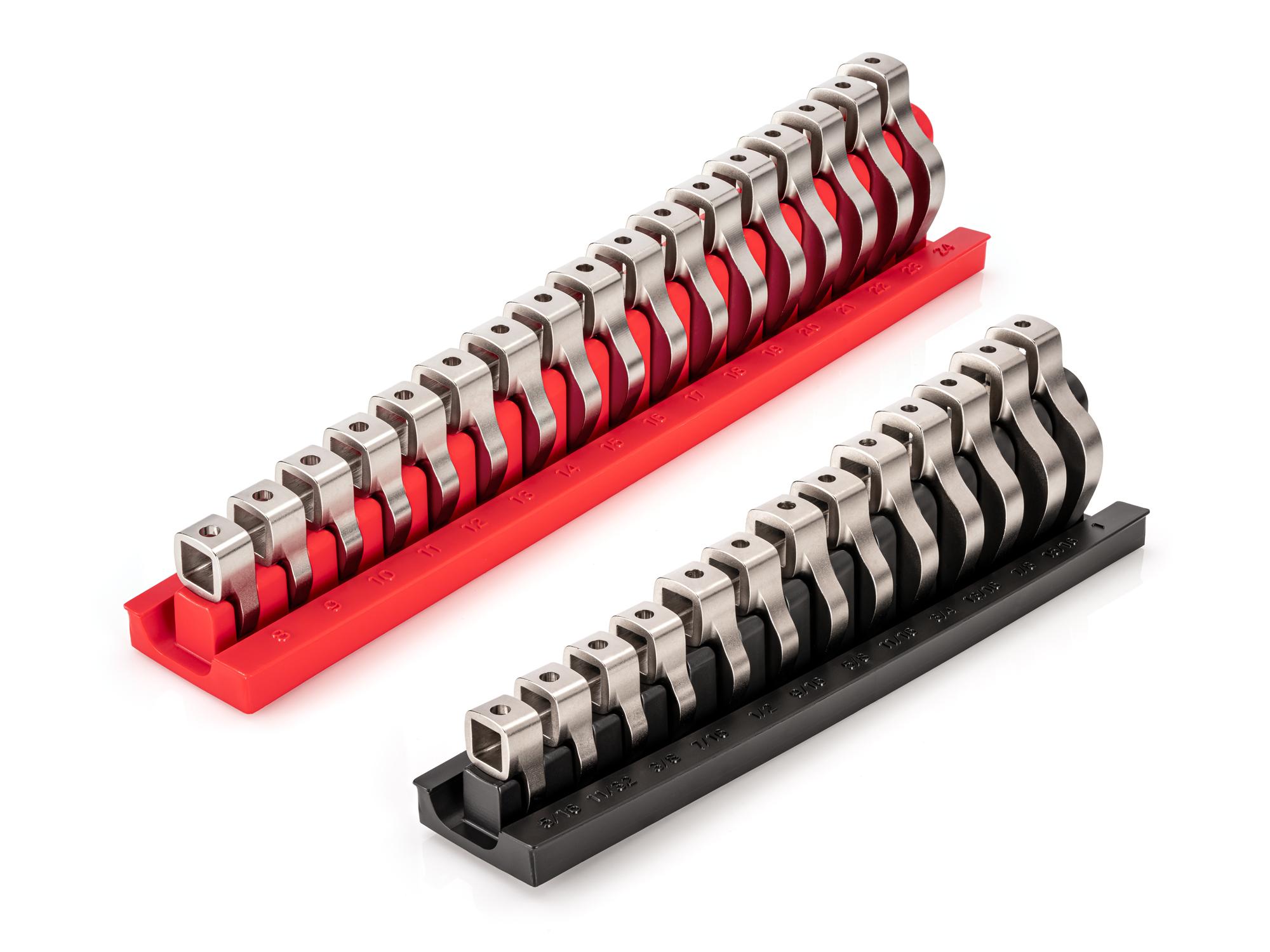 Front-right angle view of Tekton rack crowfoot wrench set. Item #WCF95301