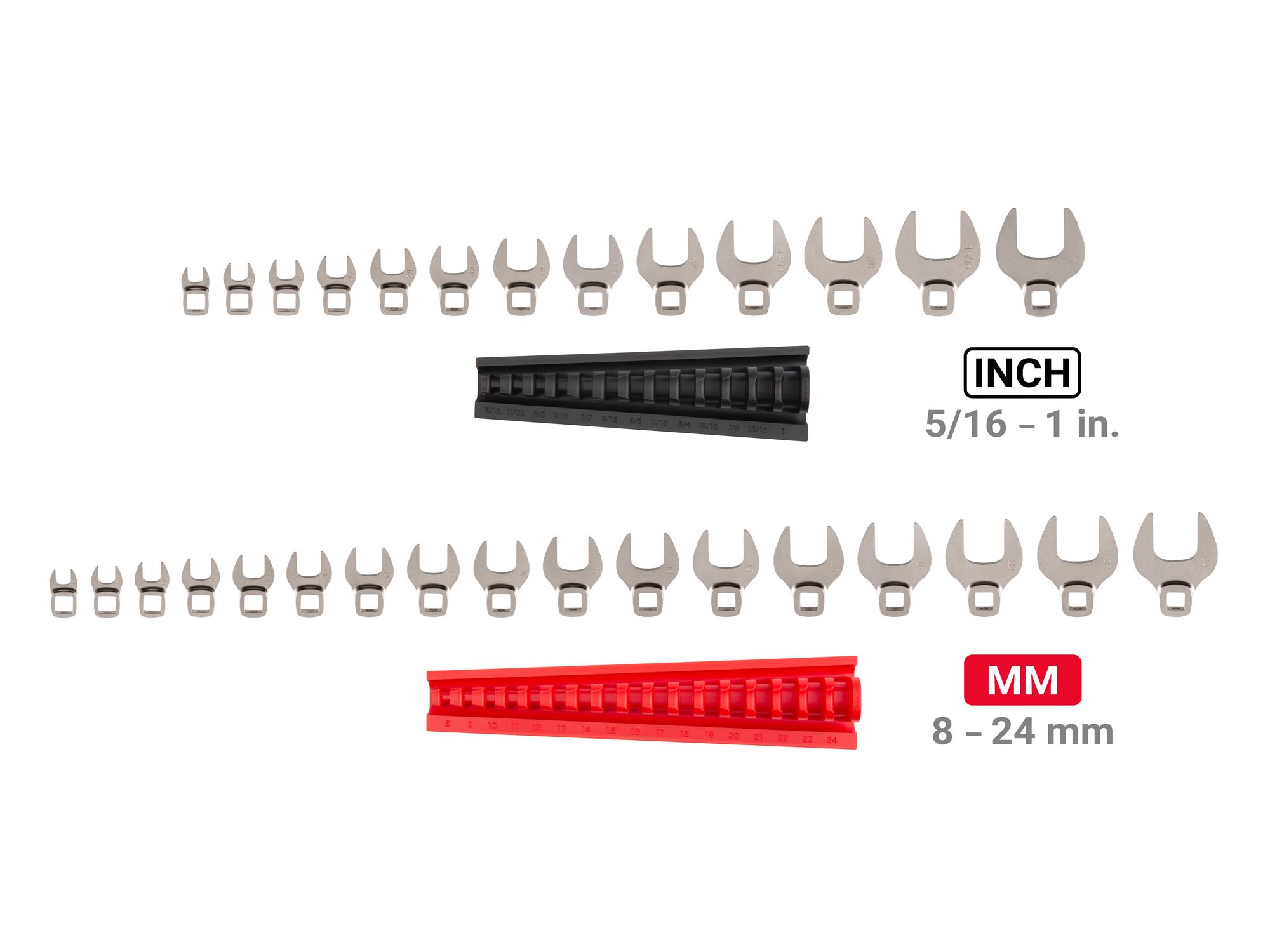 Laid out contents of Tekton rack crowfoot wrench set. Item #WCF95301