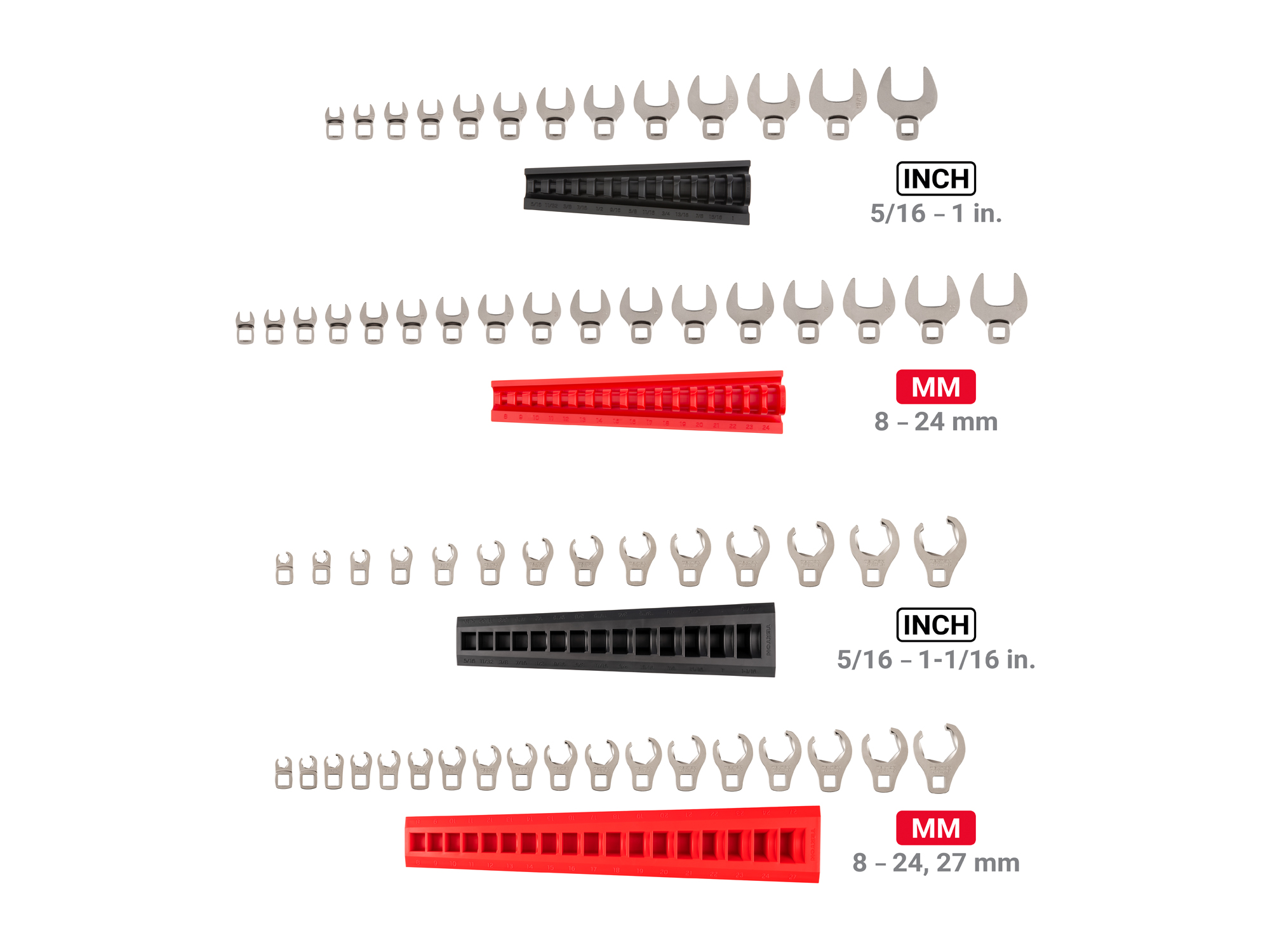 Includes: 5/16 - 1 in. (SAE), 8-24 mm (Metric) 3/8 inch drive crowfoot wrenches and 5/16 - 1-1/16 inch (SAE), 8-27 mm (Metric) flare nut crowfoot wrenches. Comes with racks. Made in USA. WCF99300.