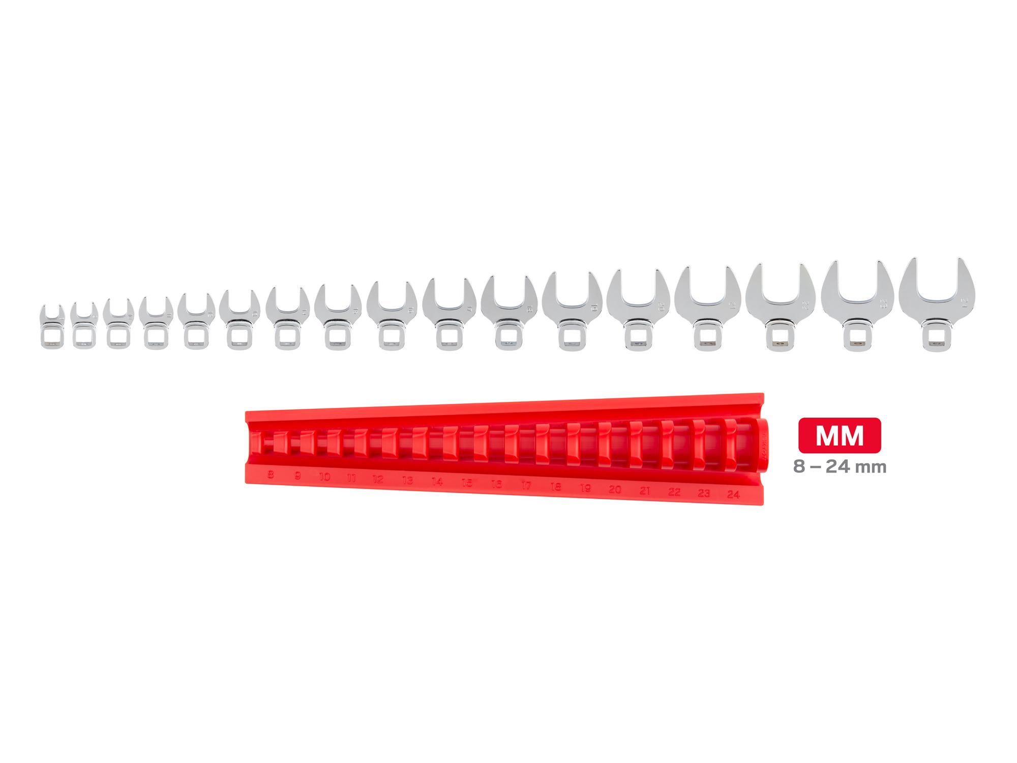 Laid out contents of Tekton rack crowfoot wrench set. Item #X141
