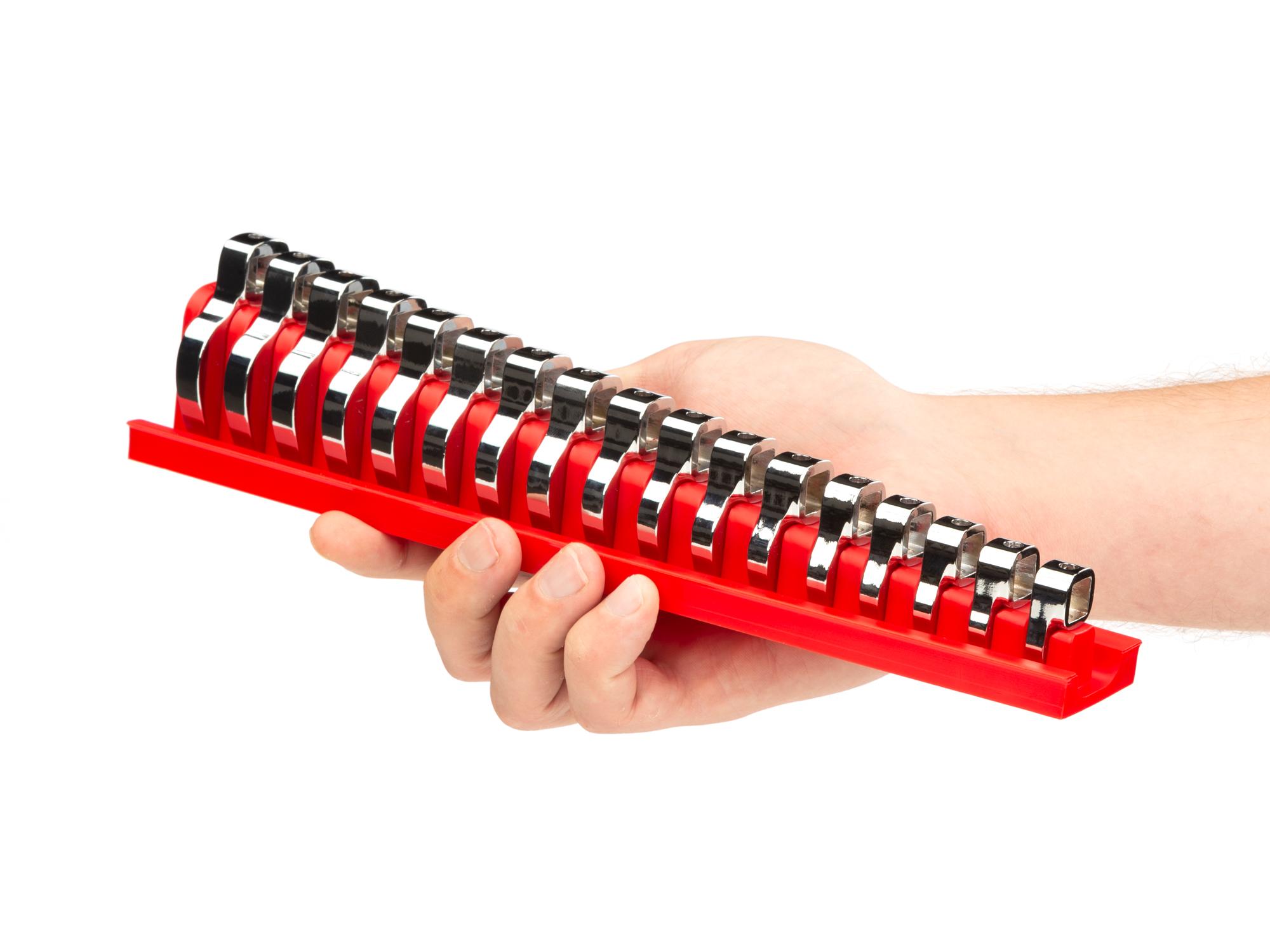 Person holding Tekton rack crowfoot wrench set. Item #X141