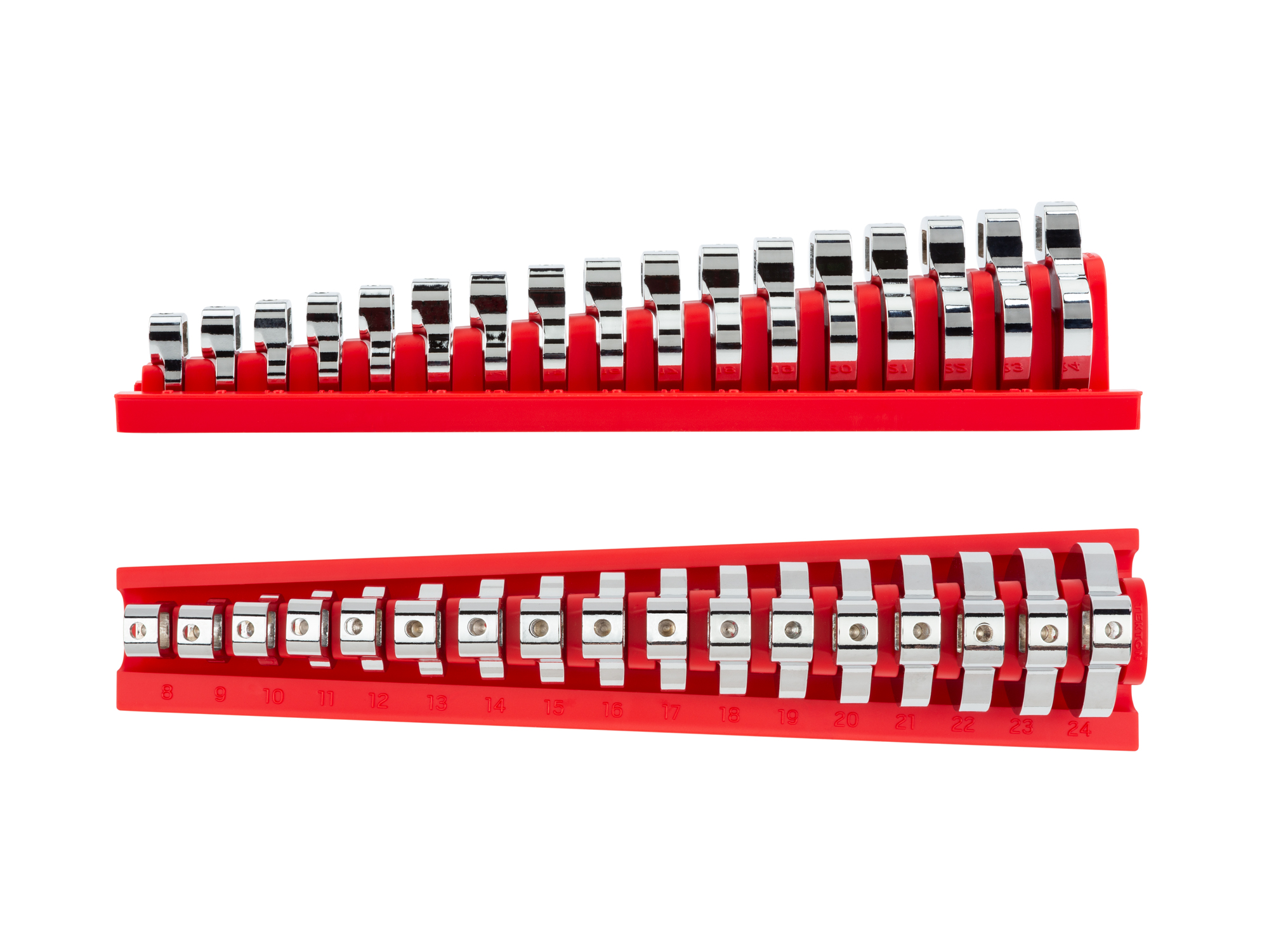 Side view of  Tekton rack crowfoot wrench set. Item #X141