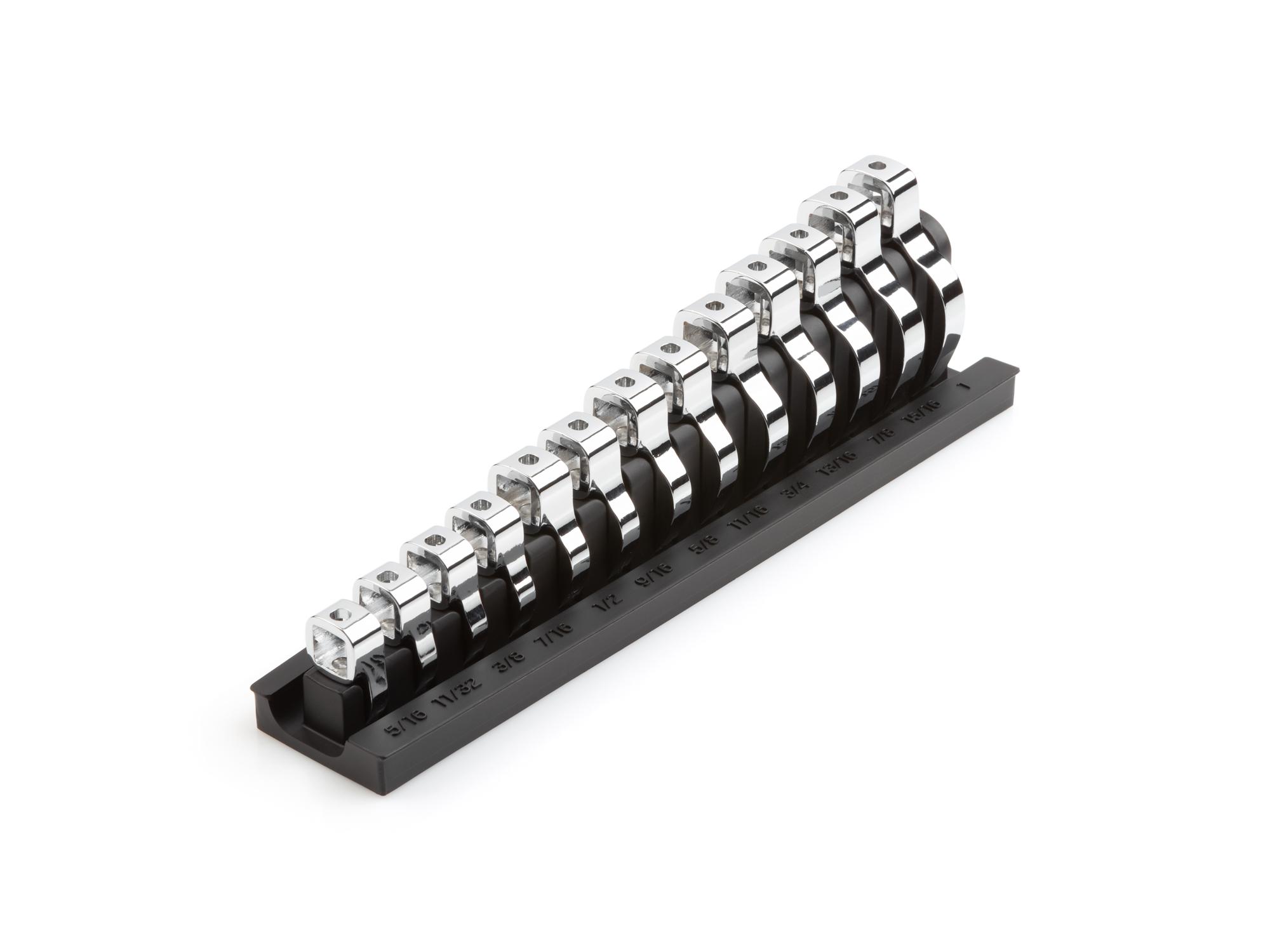 Front-right angle view of  Tekton rack crowfoot wrench set. Item #X142
