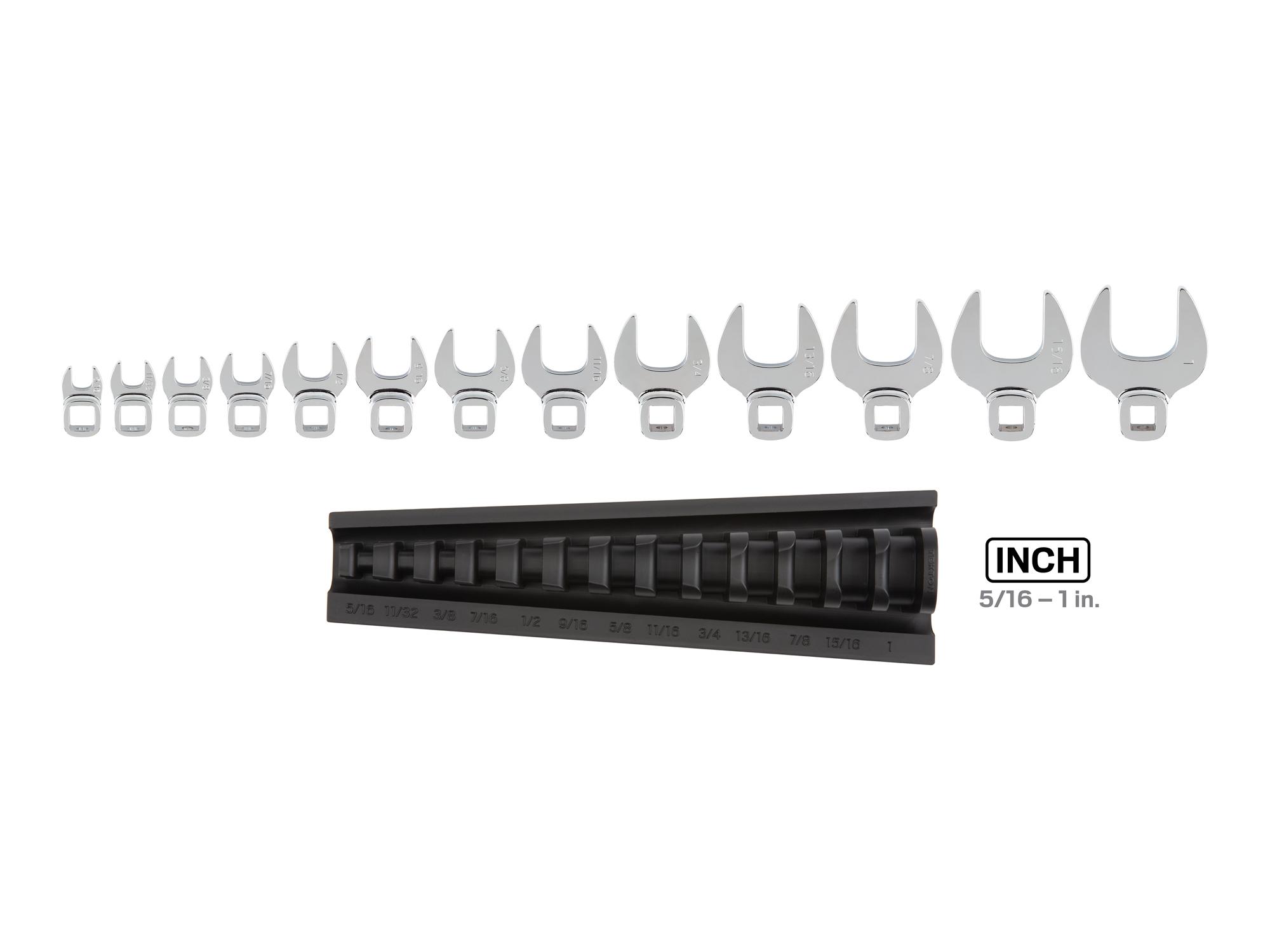 Laid out contents of  Tekton rack crowfoot wrench set. Item #X142