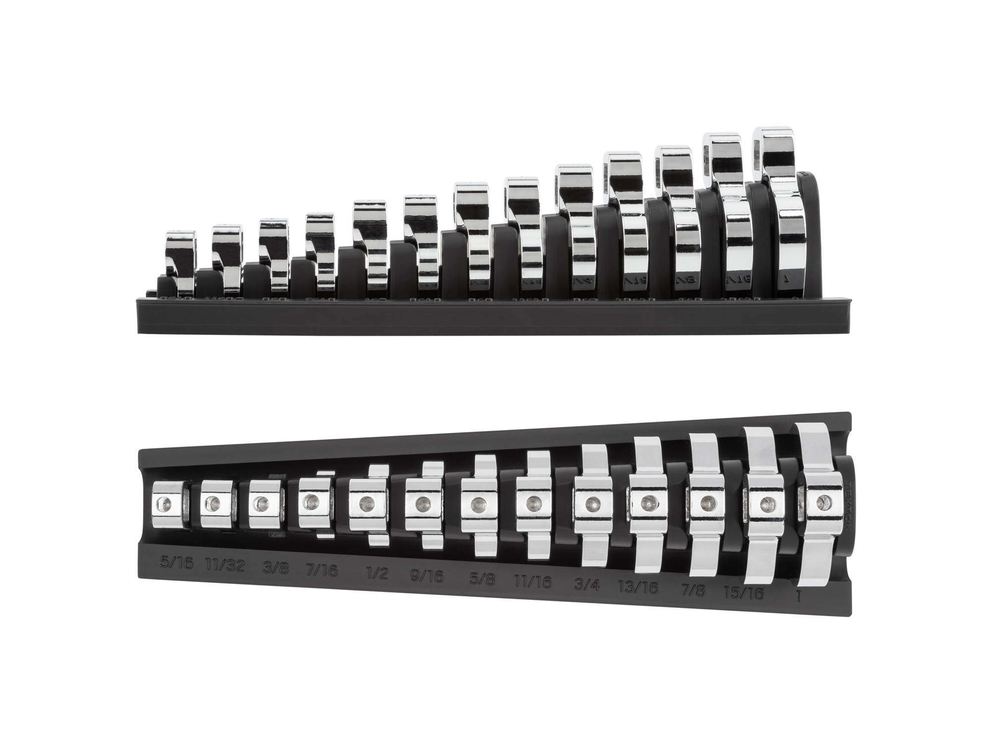 Side view of  Tekton rack crowfoot wrench set. Item #X142