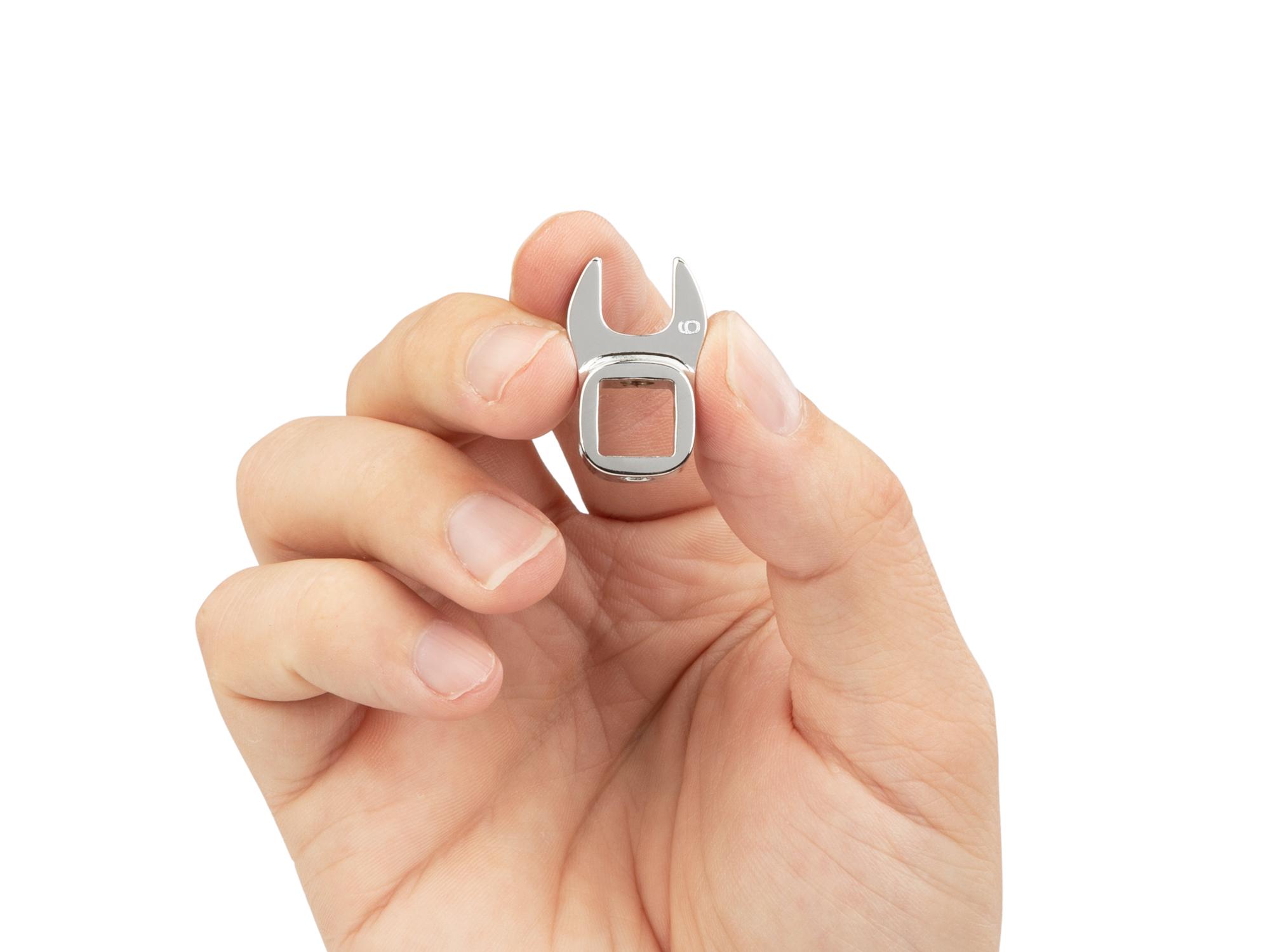 Person holding Tekton 9 millimeter crowfoot wrench. Item #WCF14009