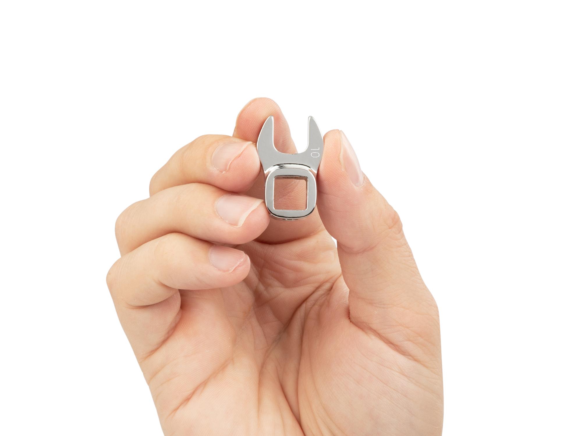 Person holding Tekton 10 millimeter crowfoot wrench. Item #WCF14010