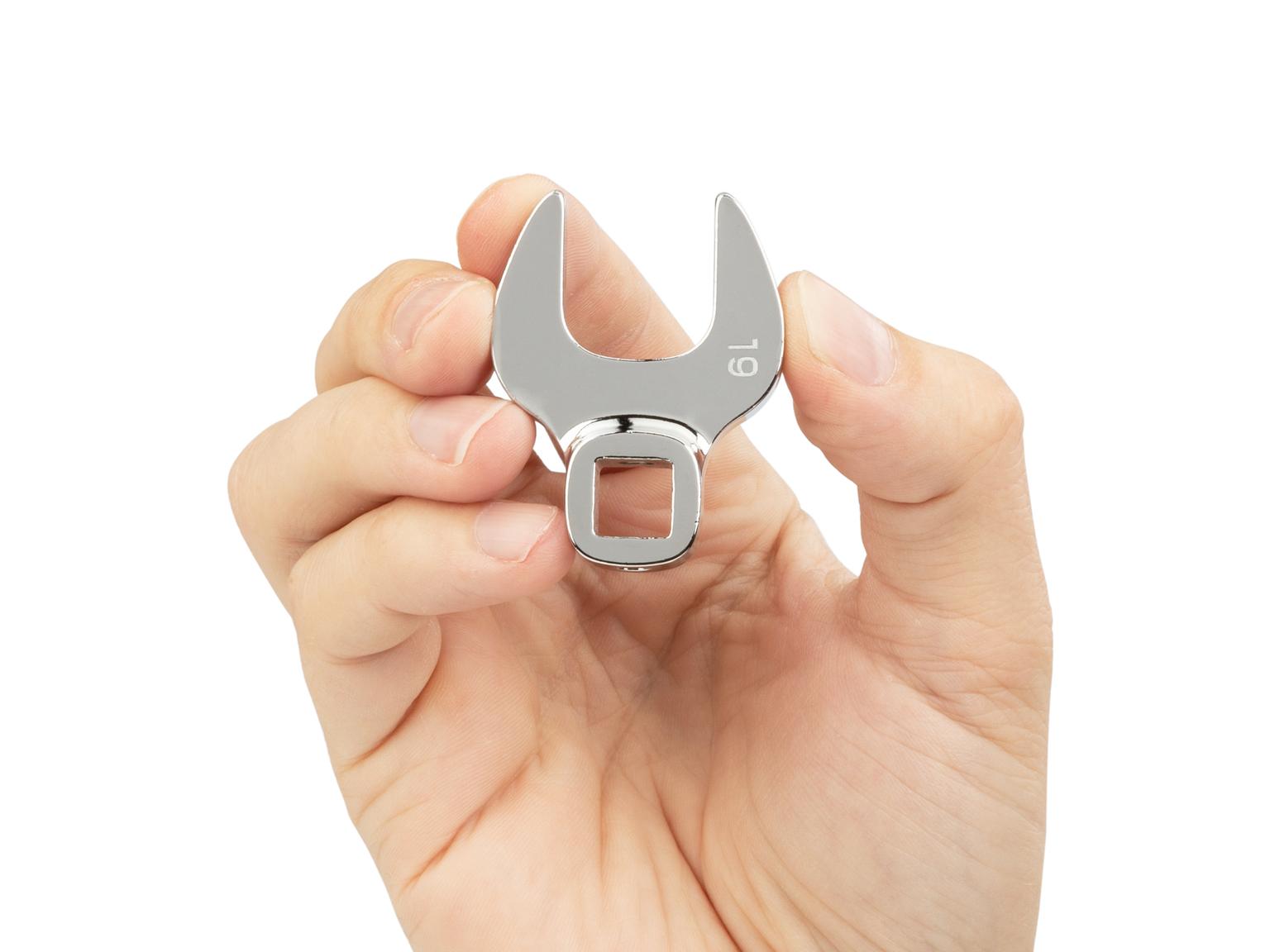 Person holding Tekton 19 millimeter crowfoot wrench set. Item #WCF14019