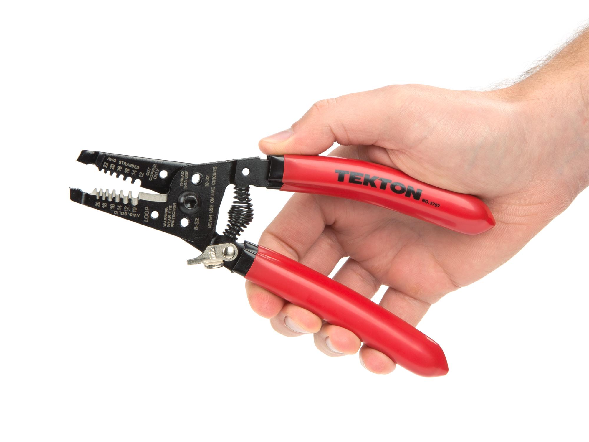Person holding Tekton cutting pliers. Item #3797