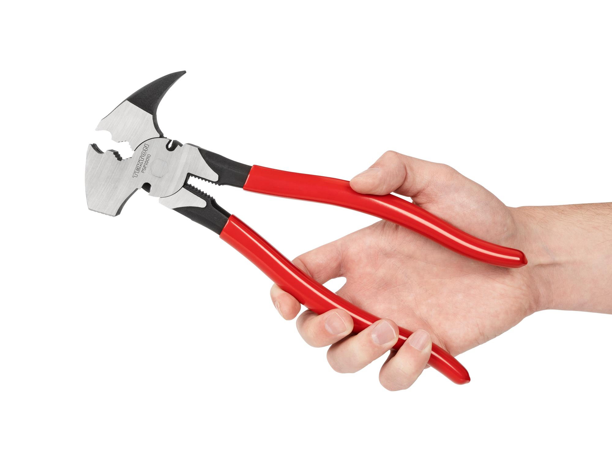 Person holding Tekton 10 1/2 inch cutting pliers. Item #PSP10010