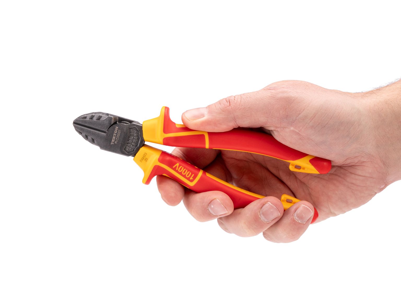 Person holding Tekton 7inch cutting pliers set. Item #PVC00007