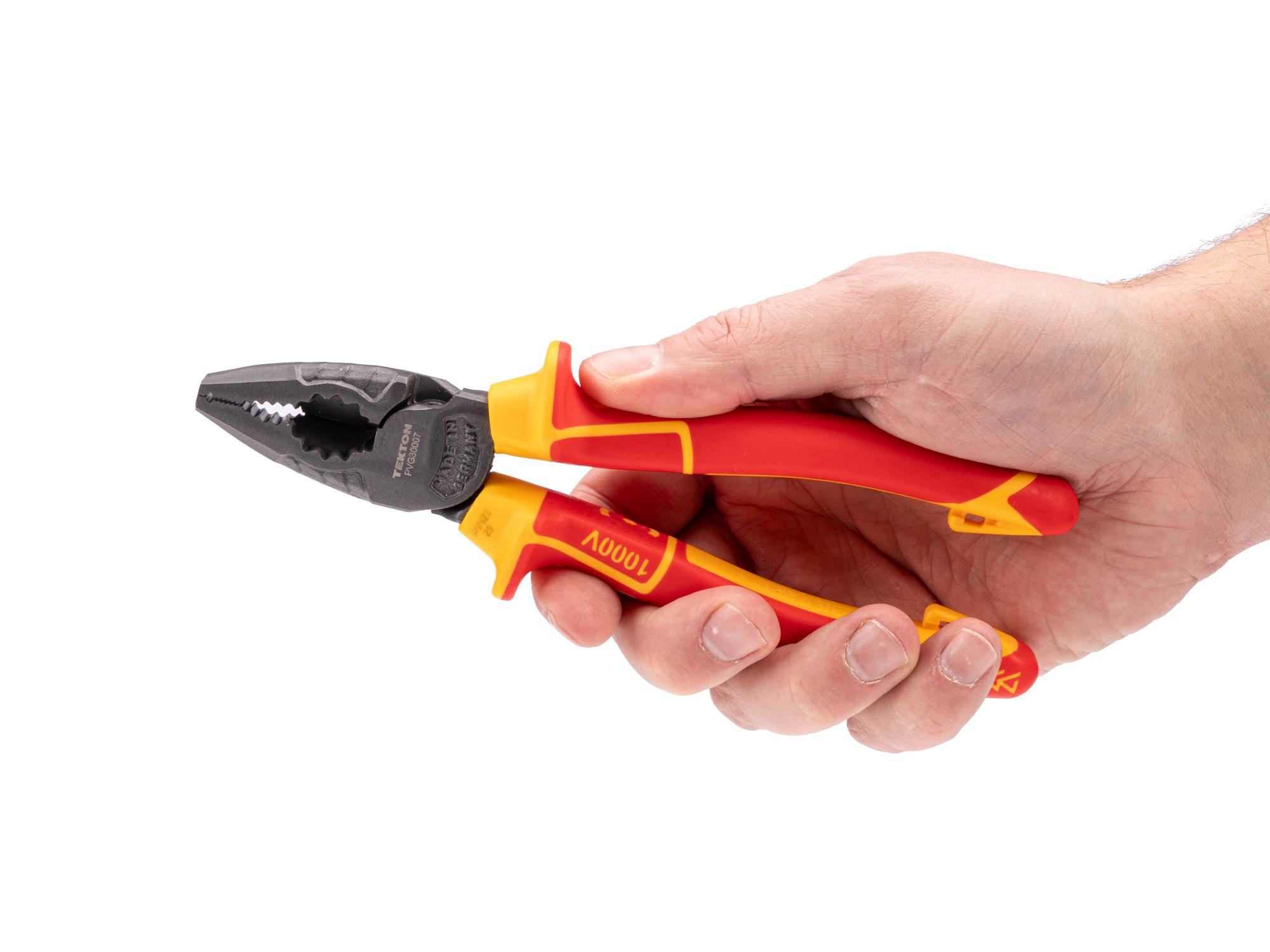 Person holding Tekton 7 inch cutting pliers. Item #PVG30007