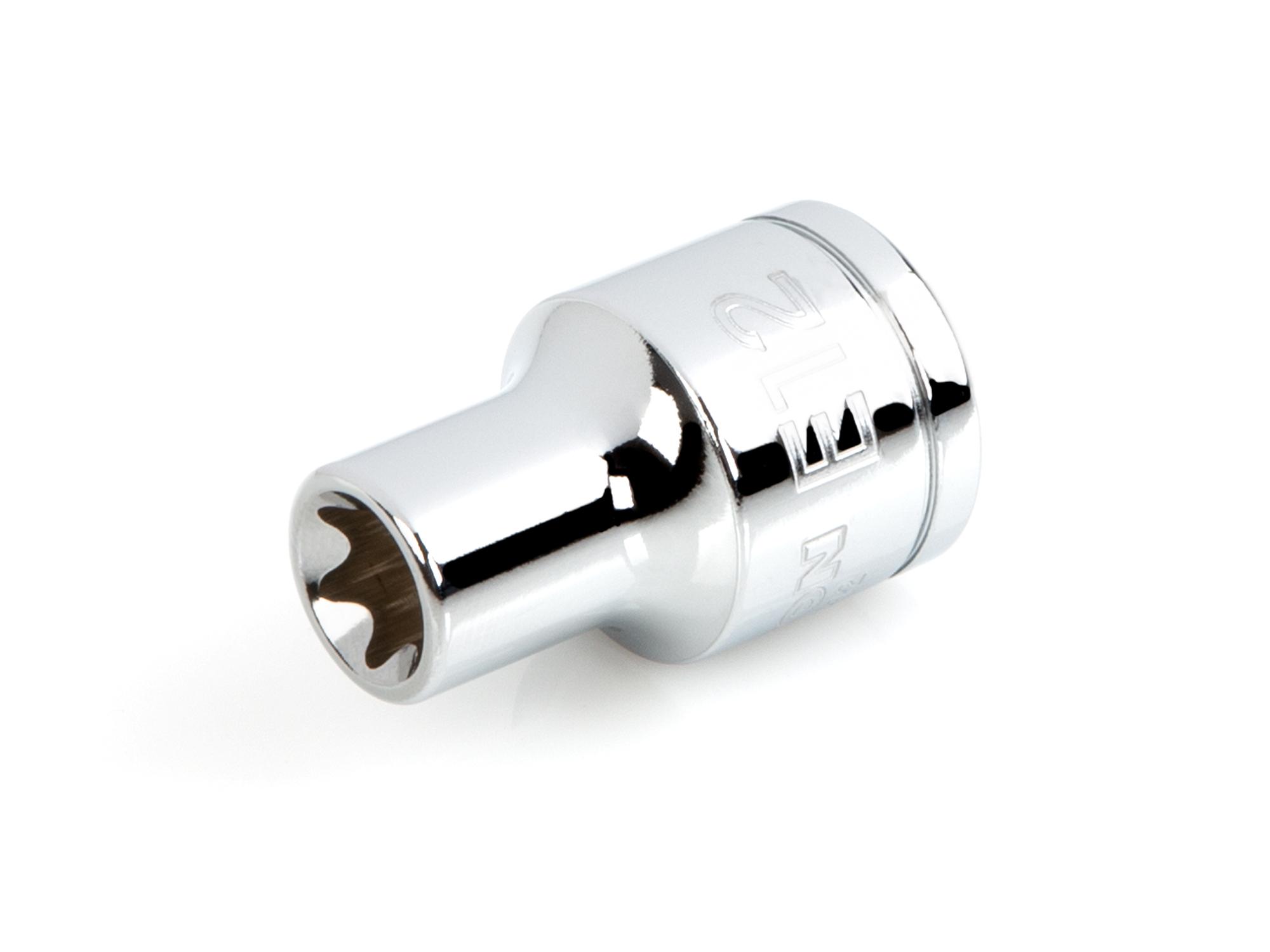 Front-right angle view of Tekton hand drive external star socket. Item #SHD22412