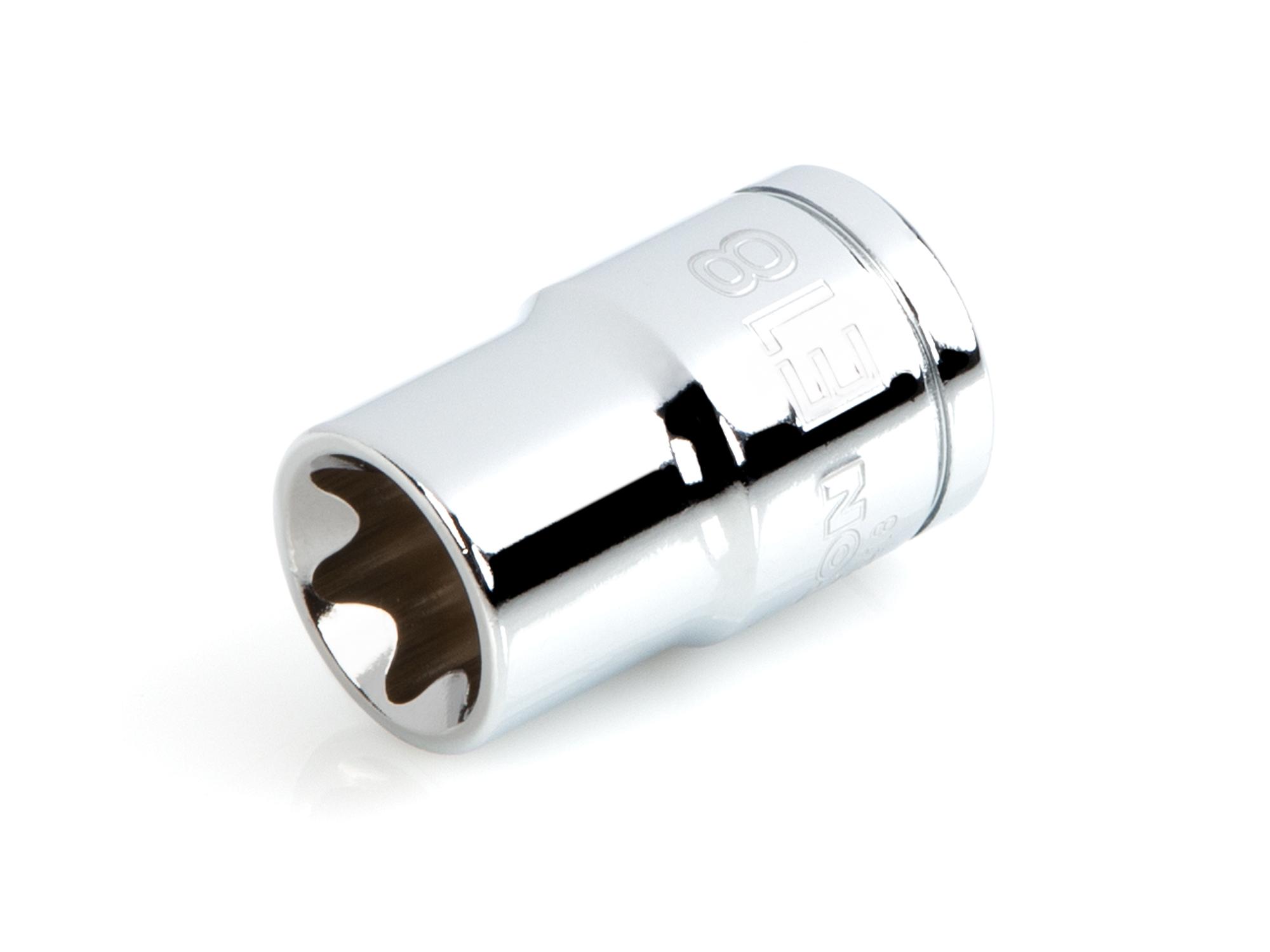 Front-right angle view of Tekton hand drive external star socket. Item #SHD22418