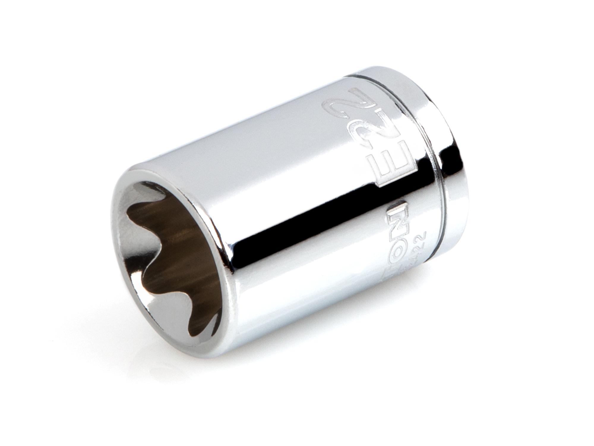 Front-right angle view of Tekton hand drive external star socket. Item #SHD22422