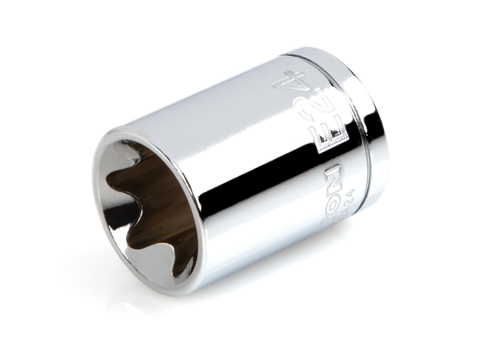 Front-right angle view of Tekton hand drive external star socket. Item #SHD22424