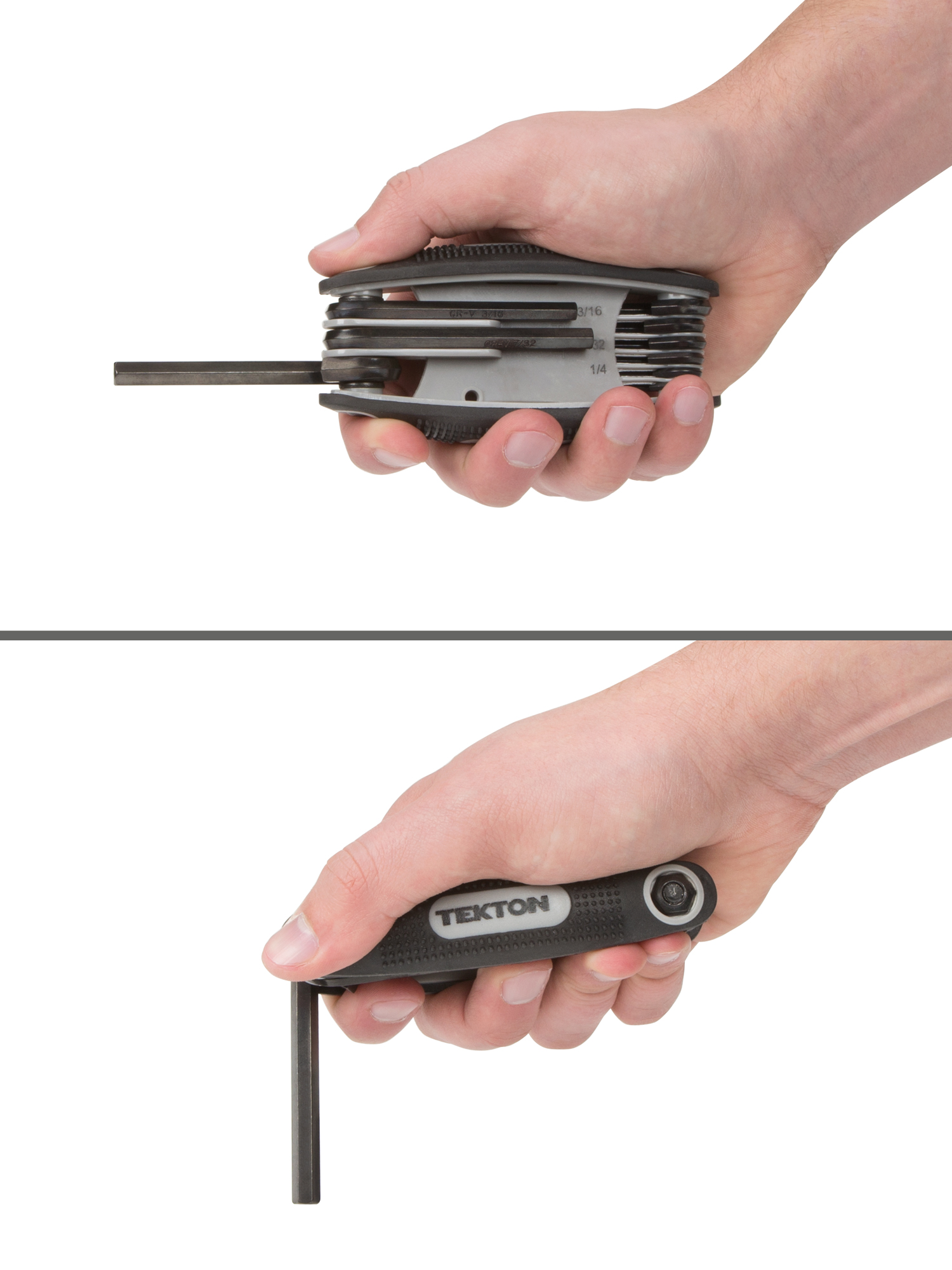 Person holding  Tekton folding key set. Item #25132