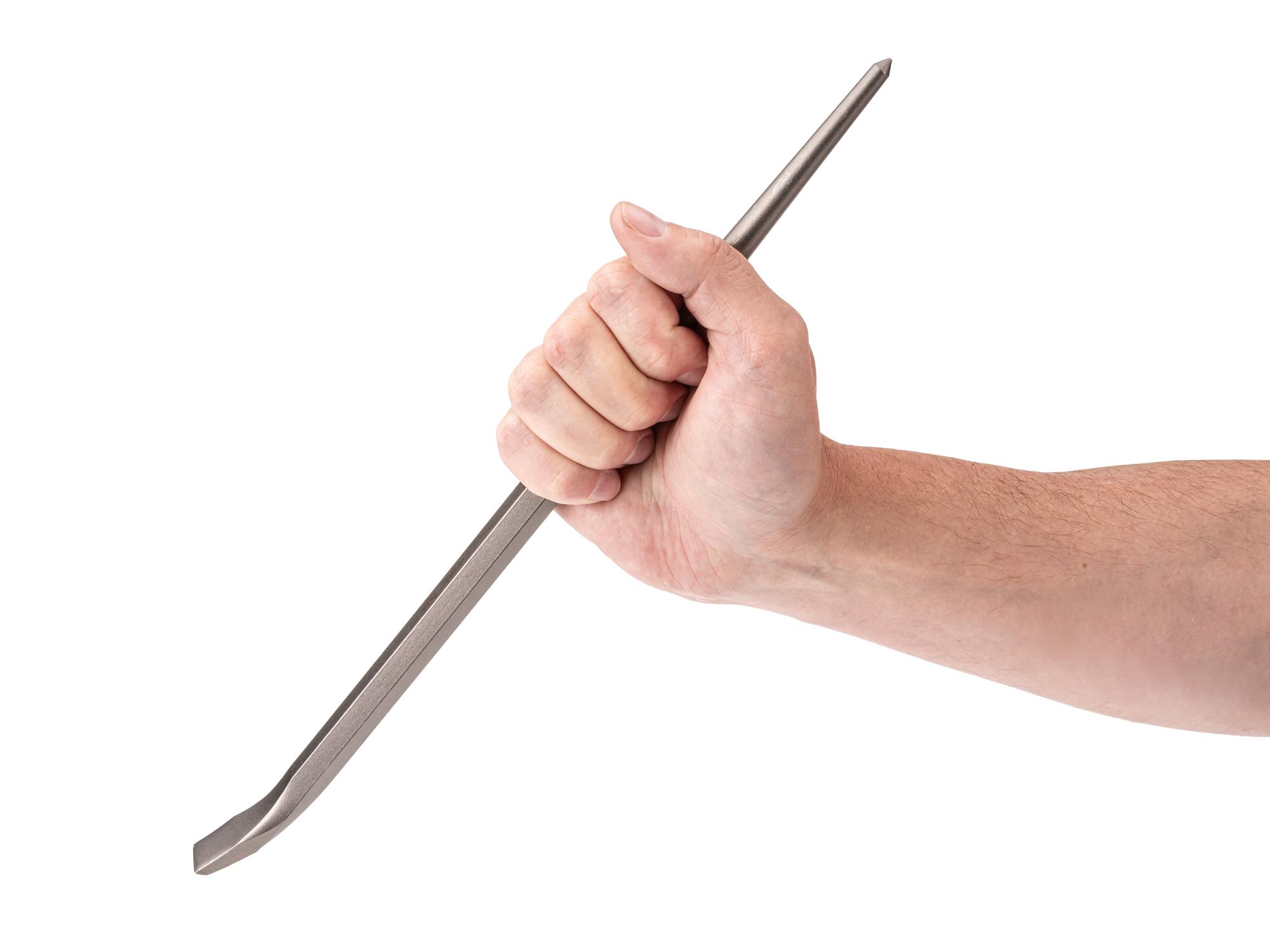 Person holding Tekton 14 inch full-size pry bar. Item #LHX37114