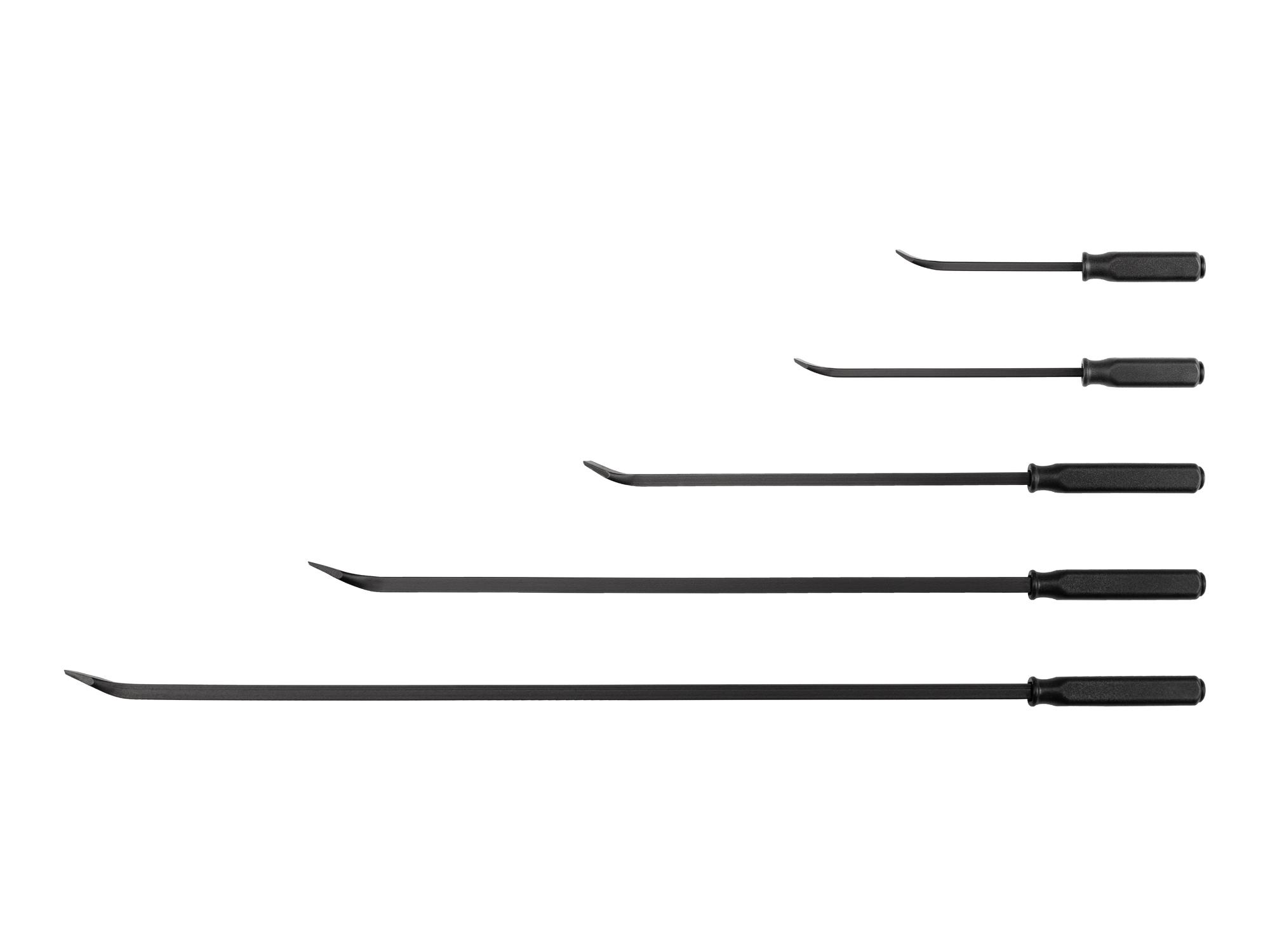 Laid out contents of Tekton 12, 17, 25, 36, 45 inch full-size pry bar set. Item #LSQ90505