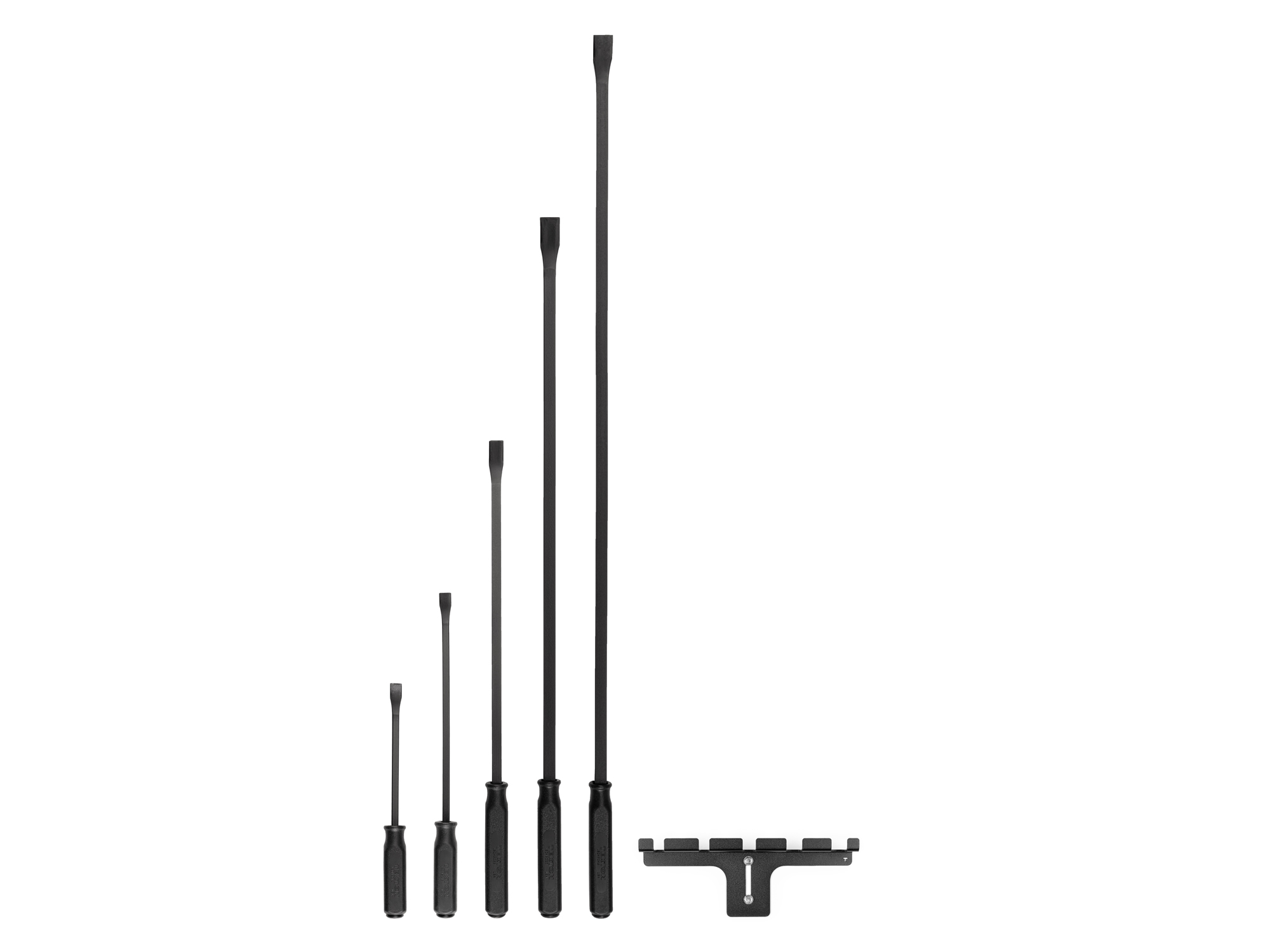 Set includes 12, 17, 25, 36, and 45 inch pry bars and 5-tool steel wall hanger. Pry bars and wall hanger are made in the USA. LSQ96504.