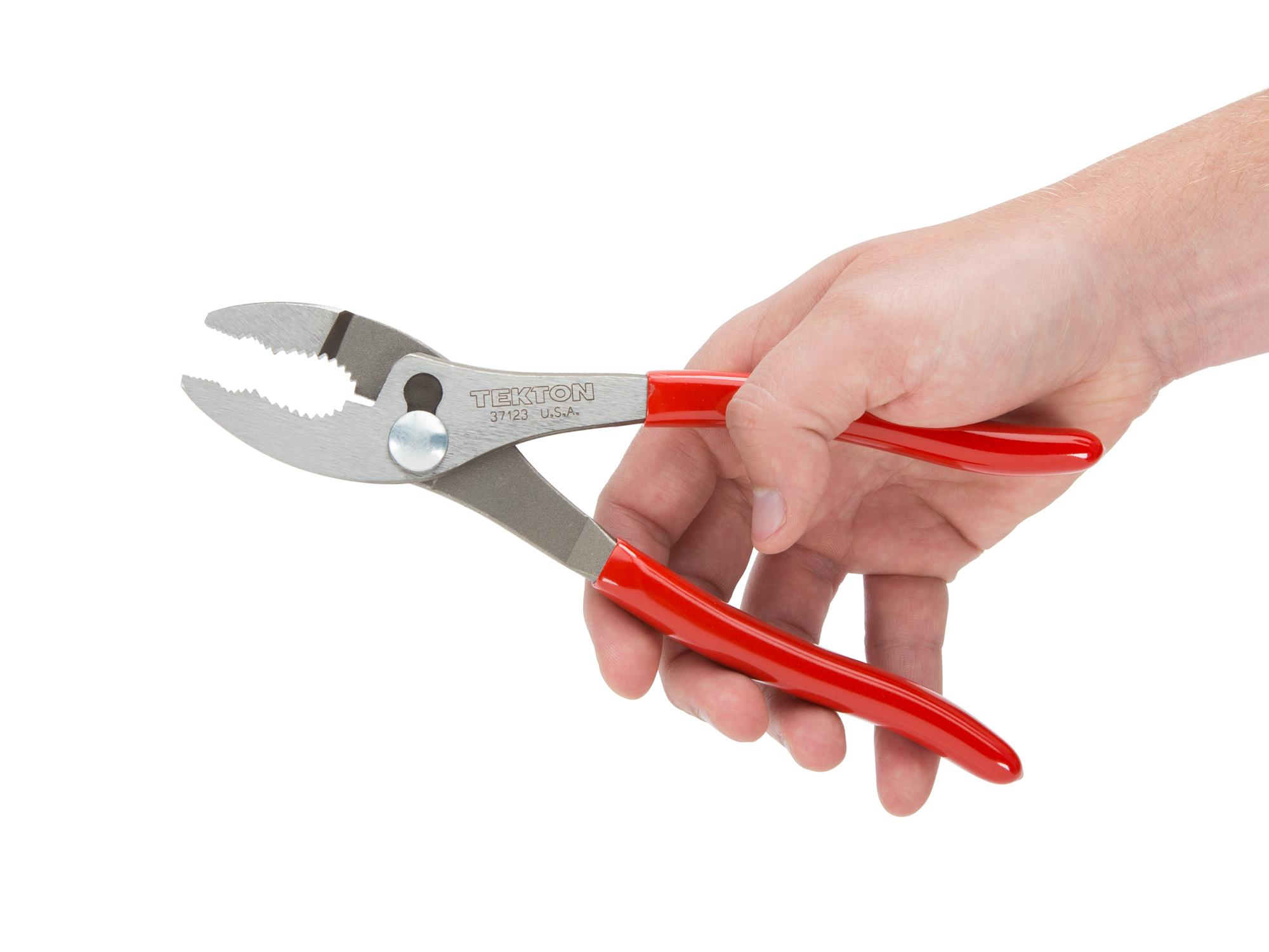 Person holding Tekton 8 inch gripping pliers. Item #37123