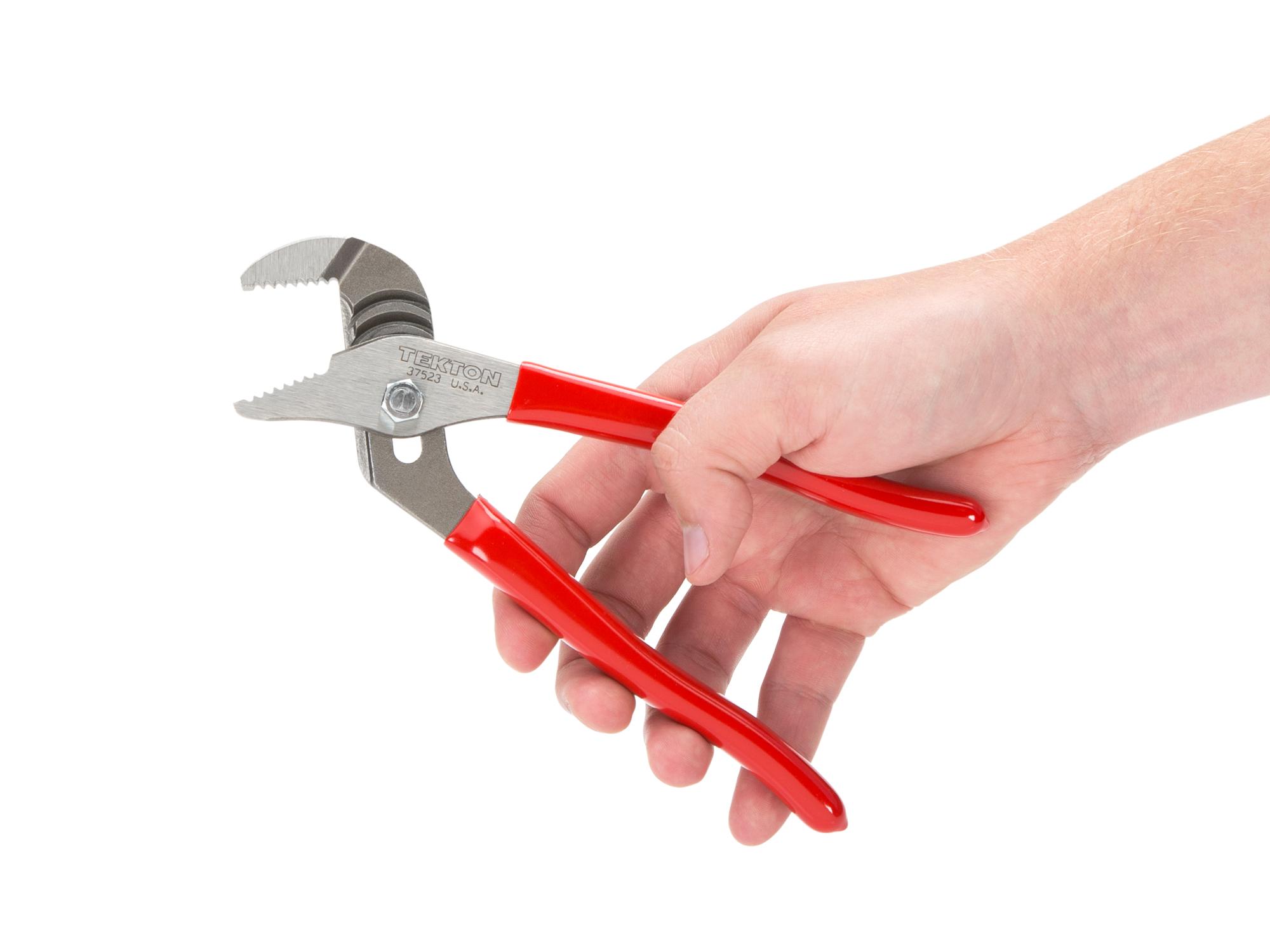 Person holding Tekton 7 inch gripping pliers. Item #37523