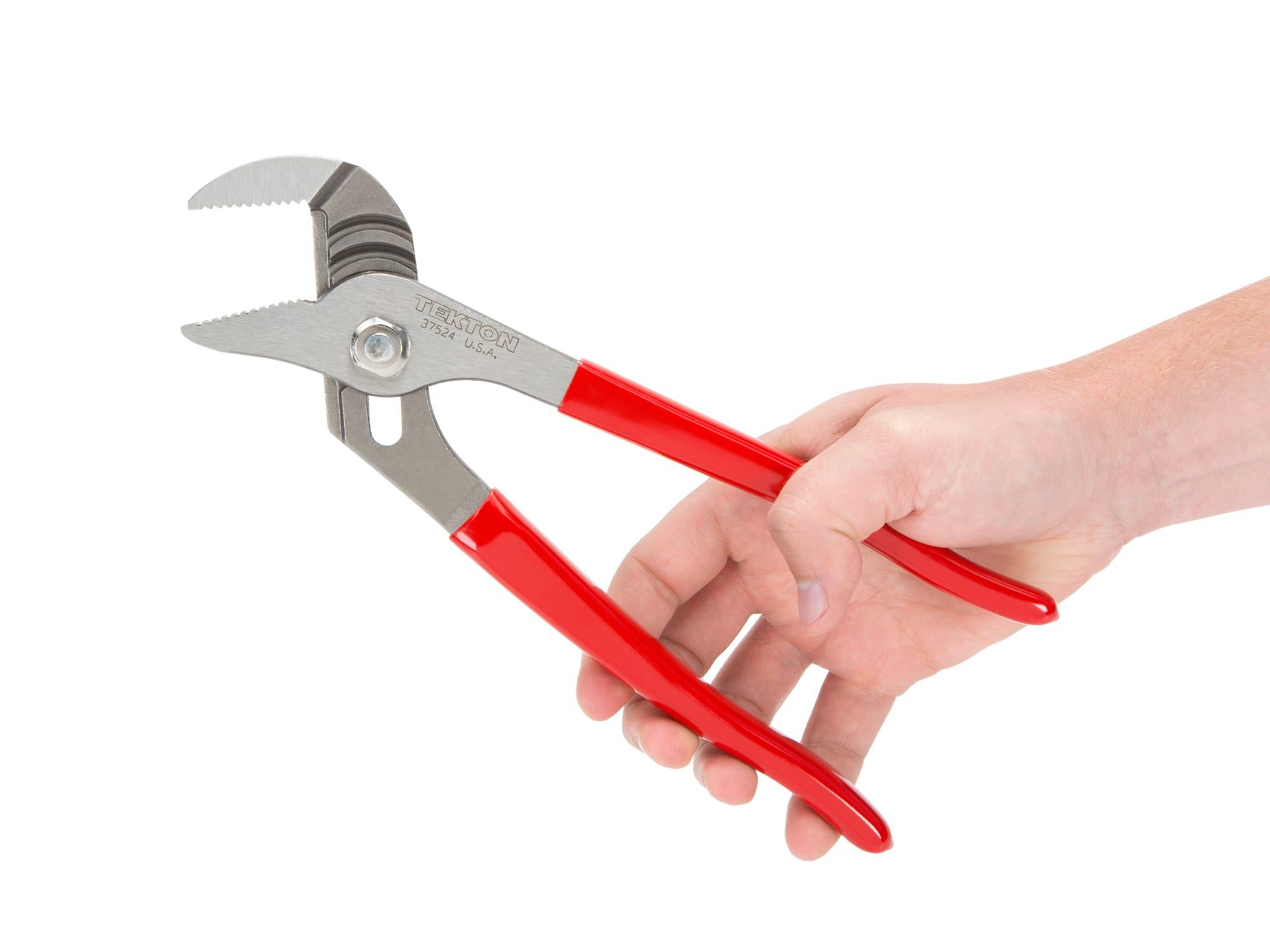 Person holding Tekton 10 inch gripping pliers. Item #37524