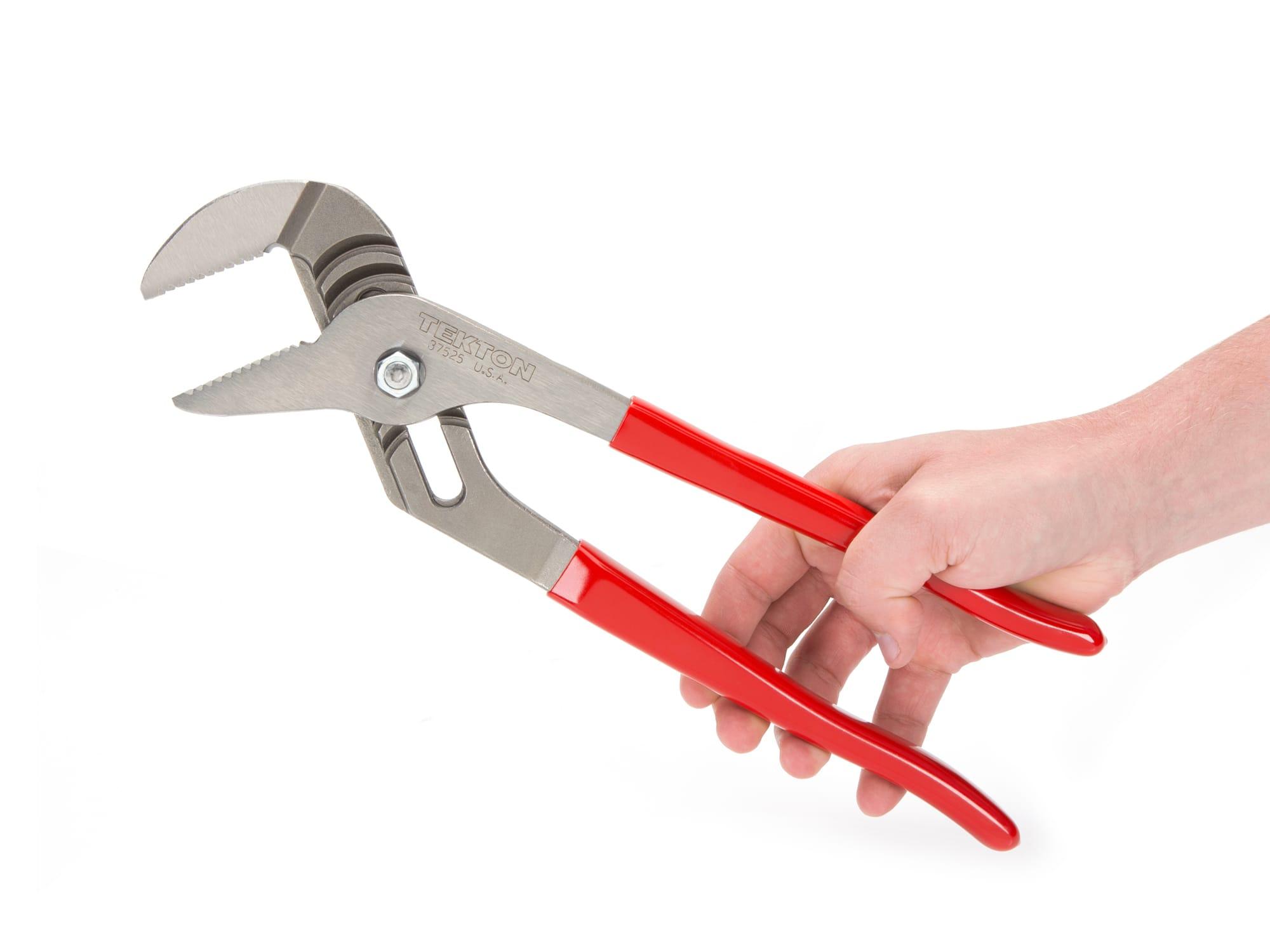Person holding Tekton 13 inch gripping pliers. Item #37525
