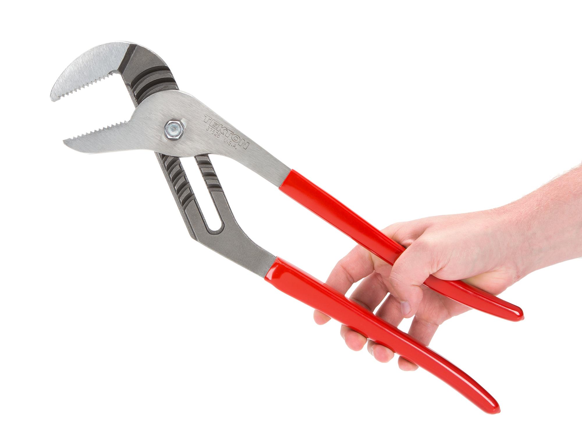 Person holding Tekton 16 inch gripping pliers. Item #37526