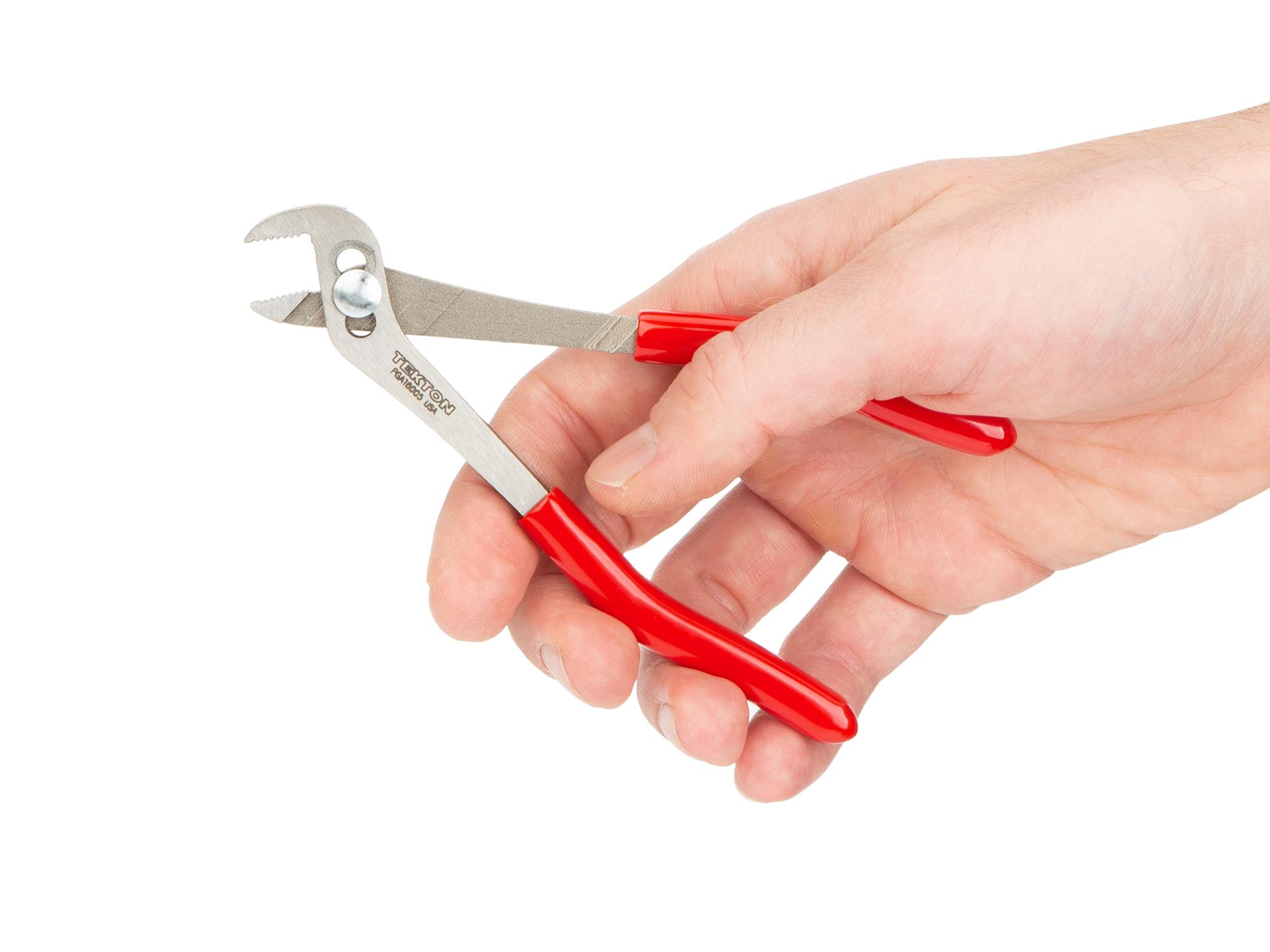 Person holding Tekton 5 inch gripping pliers. Item #PGA16005