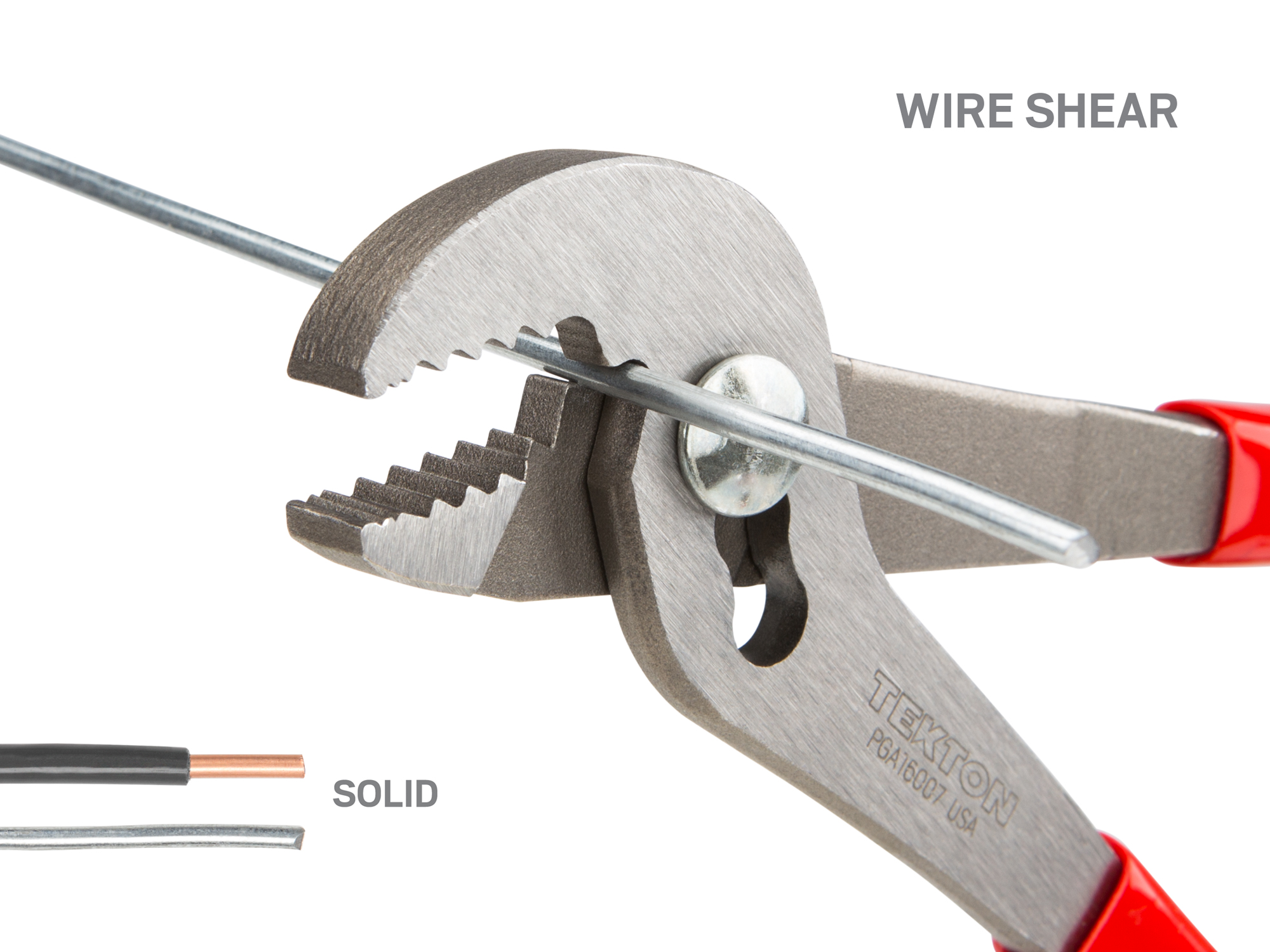 7 inch angle nose slip joint pliers. Sharp, angled teeth offer a sure bite. Adjusts to three positions. Wire shear cuts any solid wire. PGA16007.