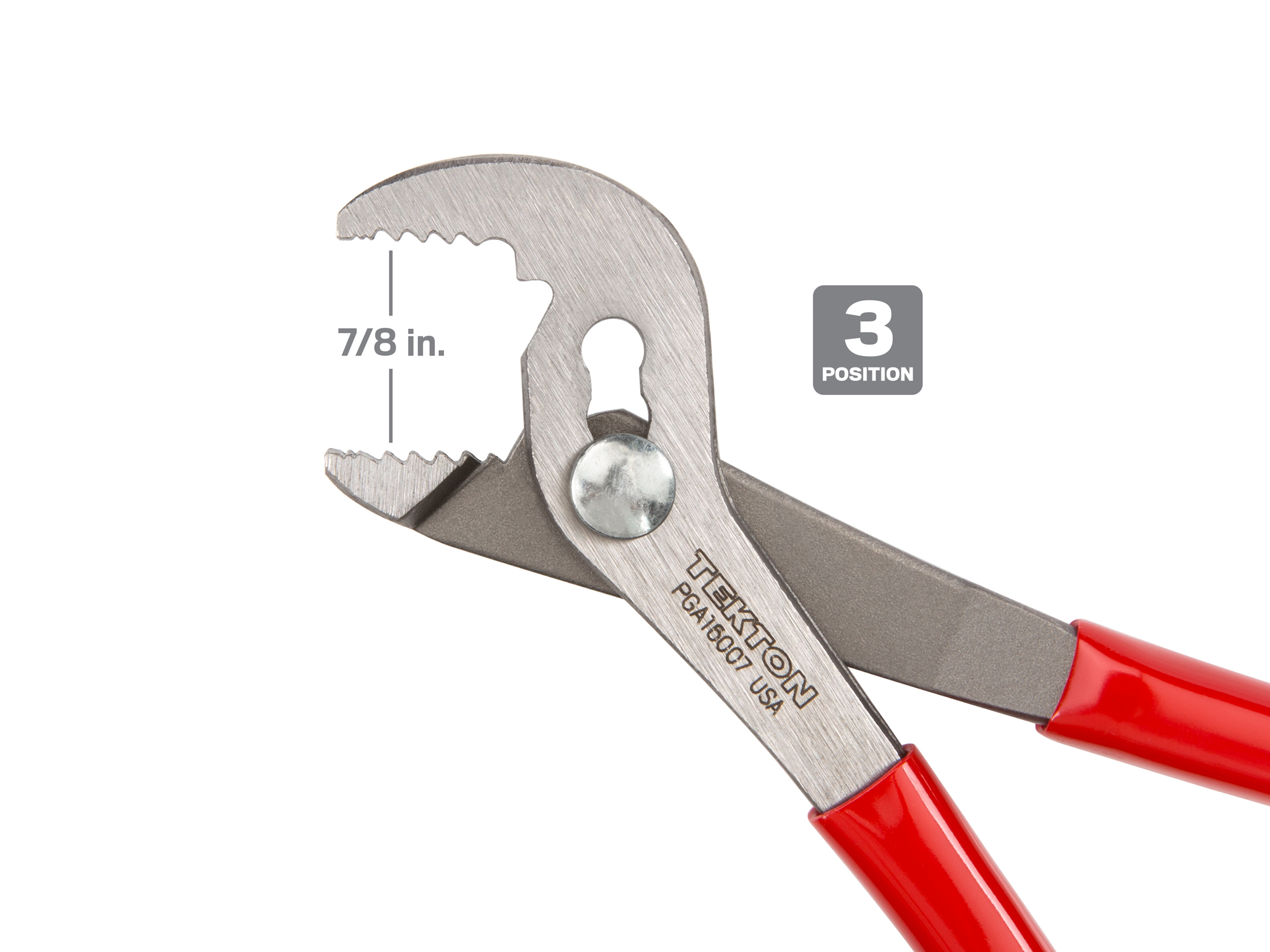 7 inch angle nose slip joint pliers. Sharp, angled teeth offer a sure bite. Adjusts to three positions. Wire shear cuts any solid wire. PGA16007.