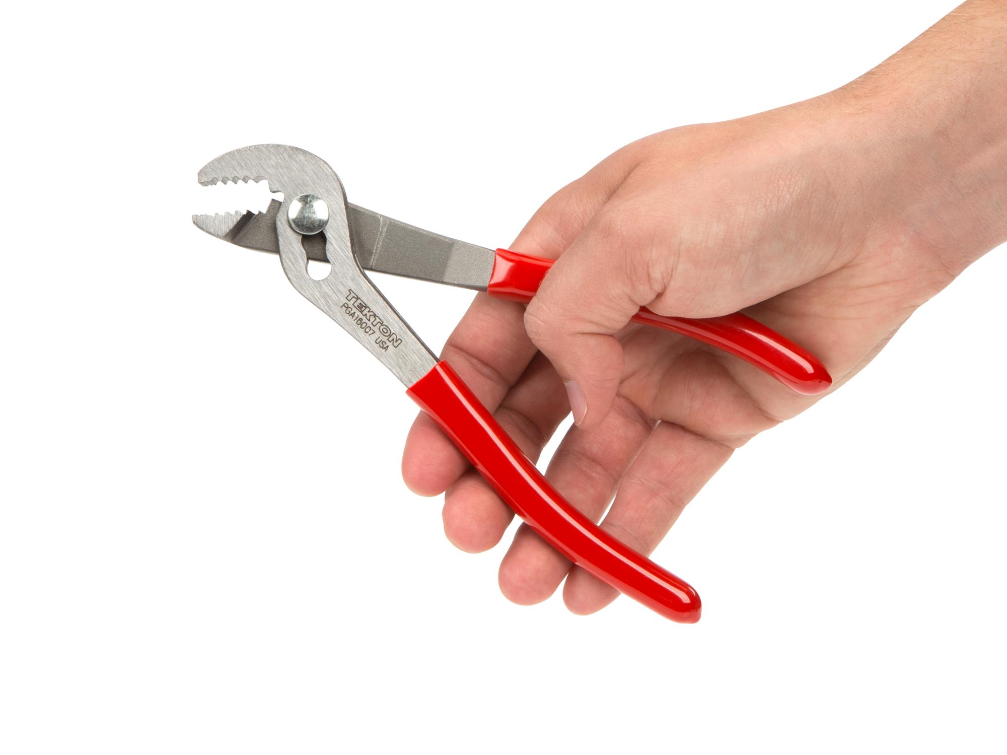 Person holding Tekton 7 inch gripping pliers. Item #PGA16007