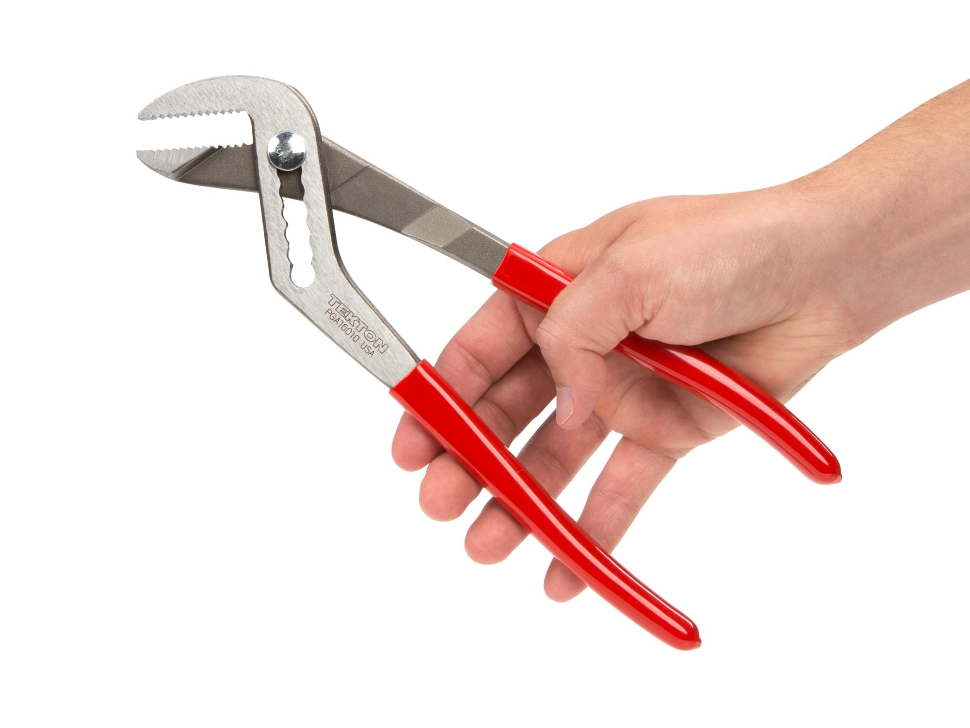 Person holding Tekton 10 inch gripping pliers. Item #PGA16010