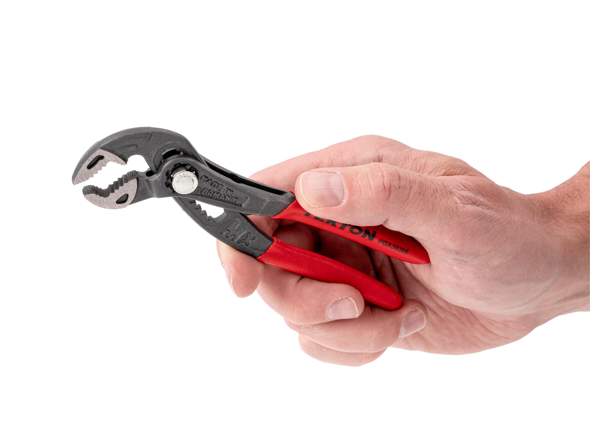 Person holding Tekton 5 inch gripping pliers. Item #PGA36305