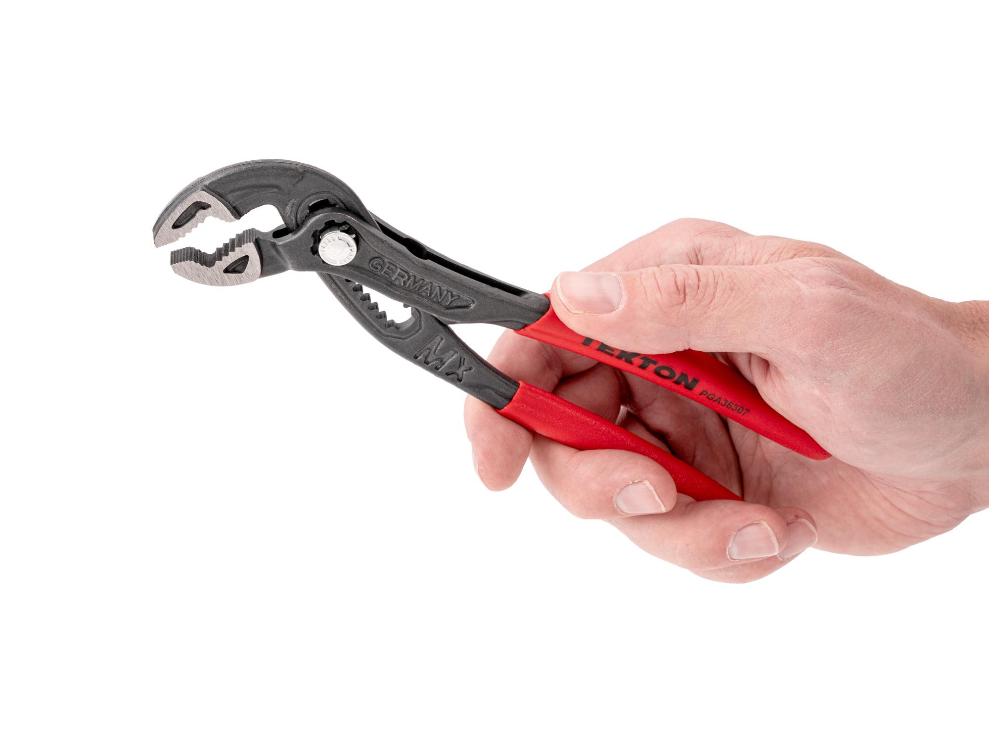 Person holding Tekton 7 inch gripping pliers. Item #PGA36307