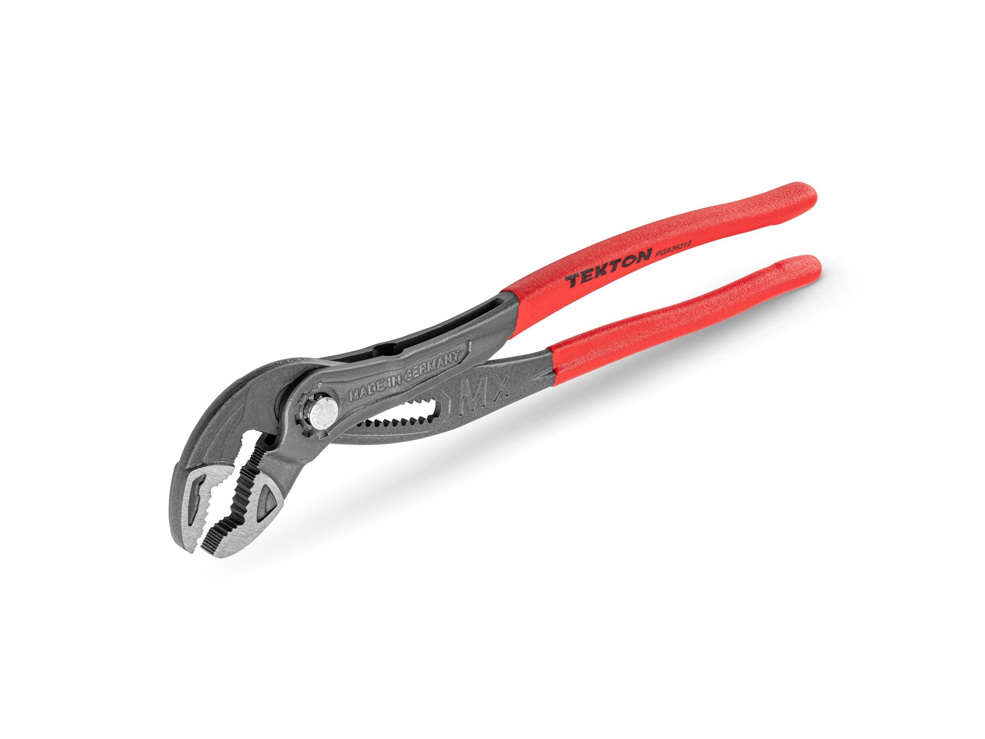 Front-right angle view of Tekton 12 inch gripping pliers. Item #PGA36312