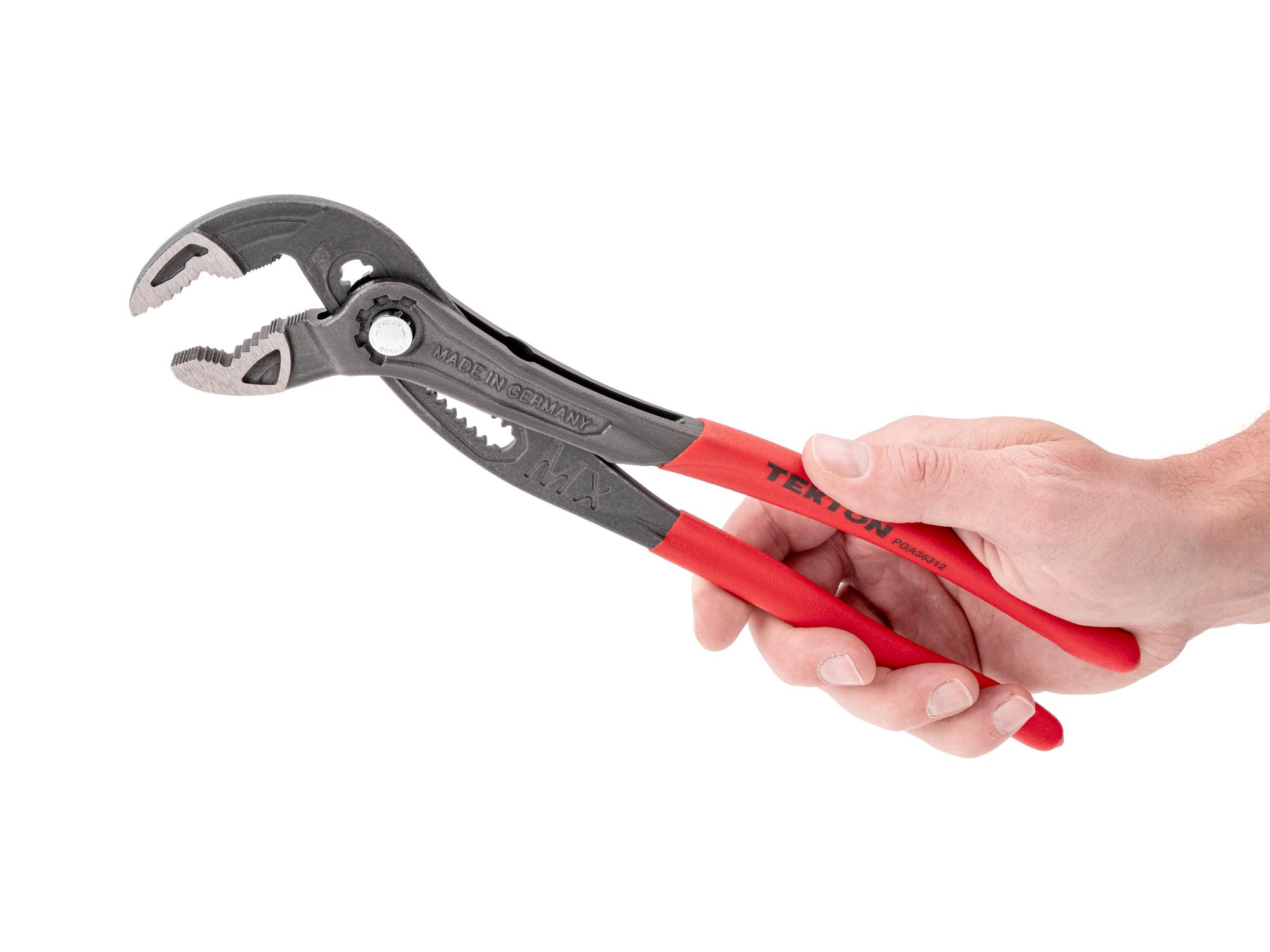 Person holding Tekton 12 inch gripping pliers. Item #PGA36312