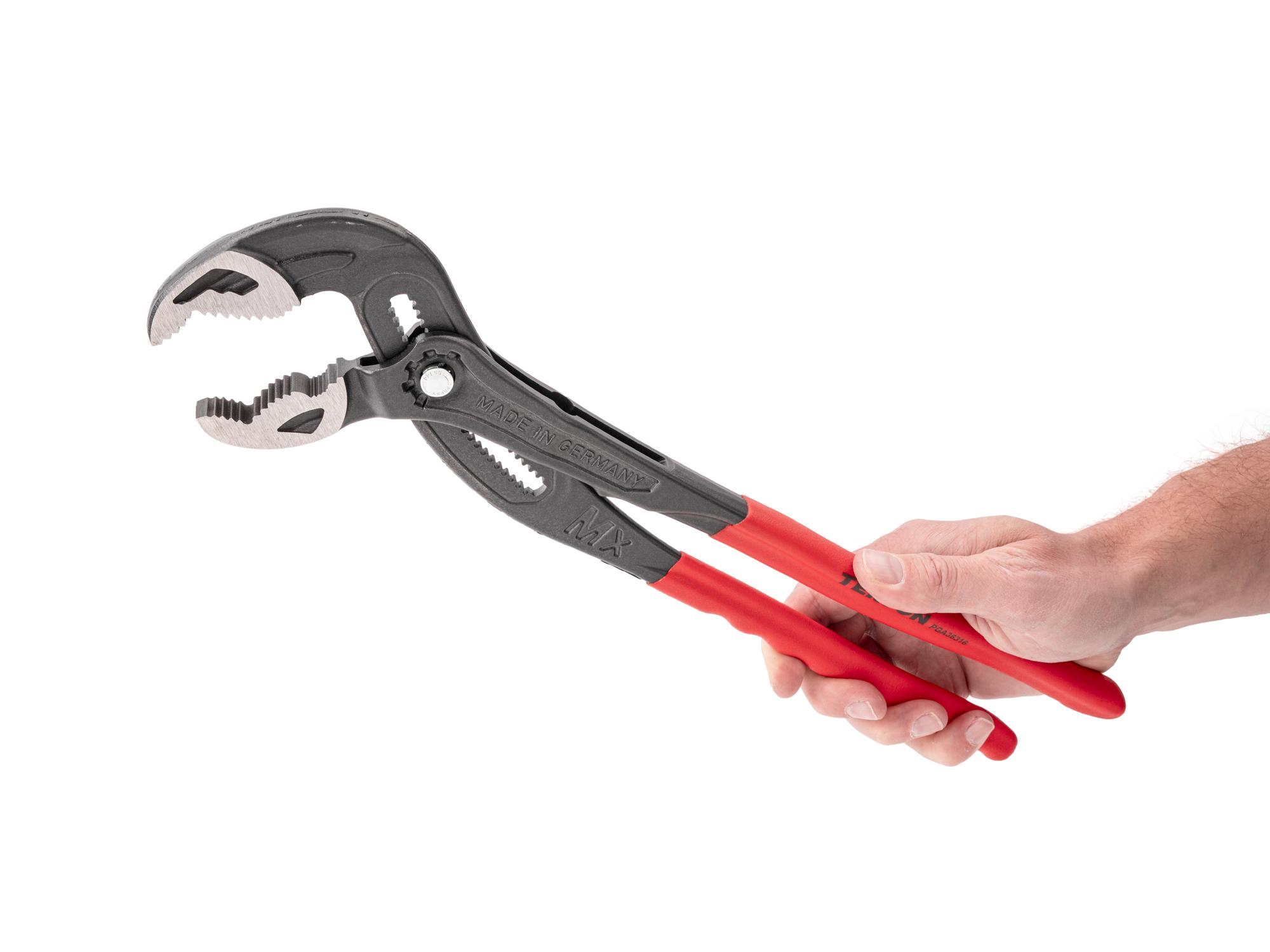 Person holding Tekton 16 inch gripping pliers. Item #PGA36316