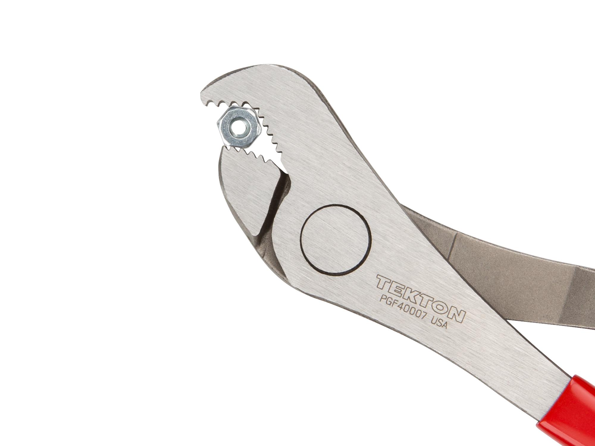 Closeup view of Tekton 7 3/4 inch gripping pliers. Item #PGF40007