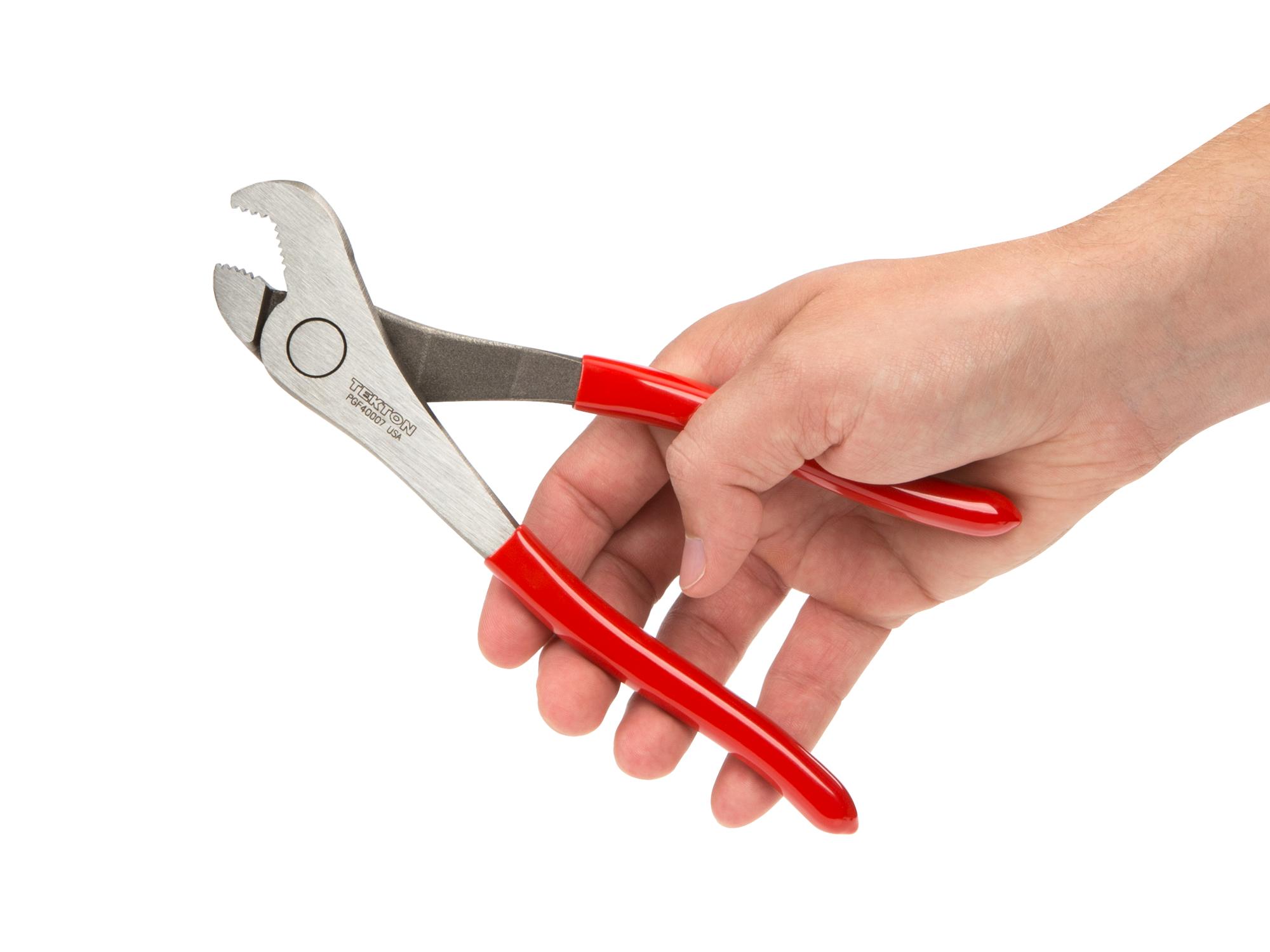 Person holding Tekton 7 3/4 inch gripping pliers. Item #PGF40007