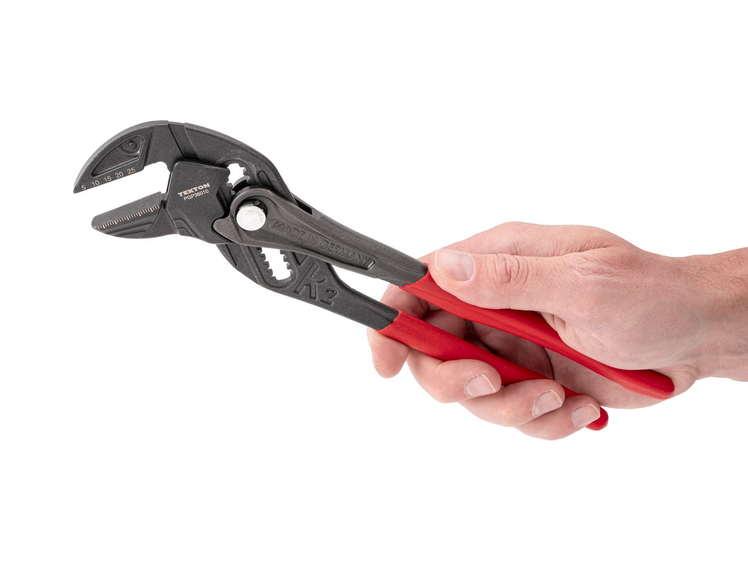 Person holding Tekton 10 inch gripping pliers set. Item #PGP36010